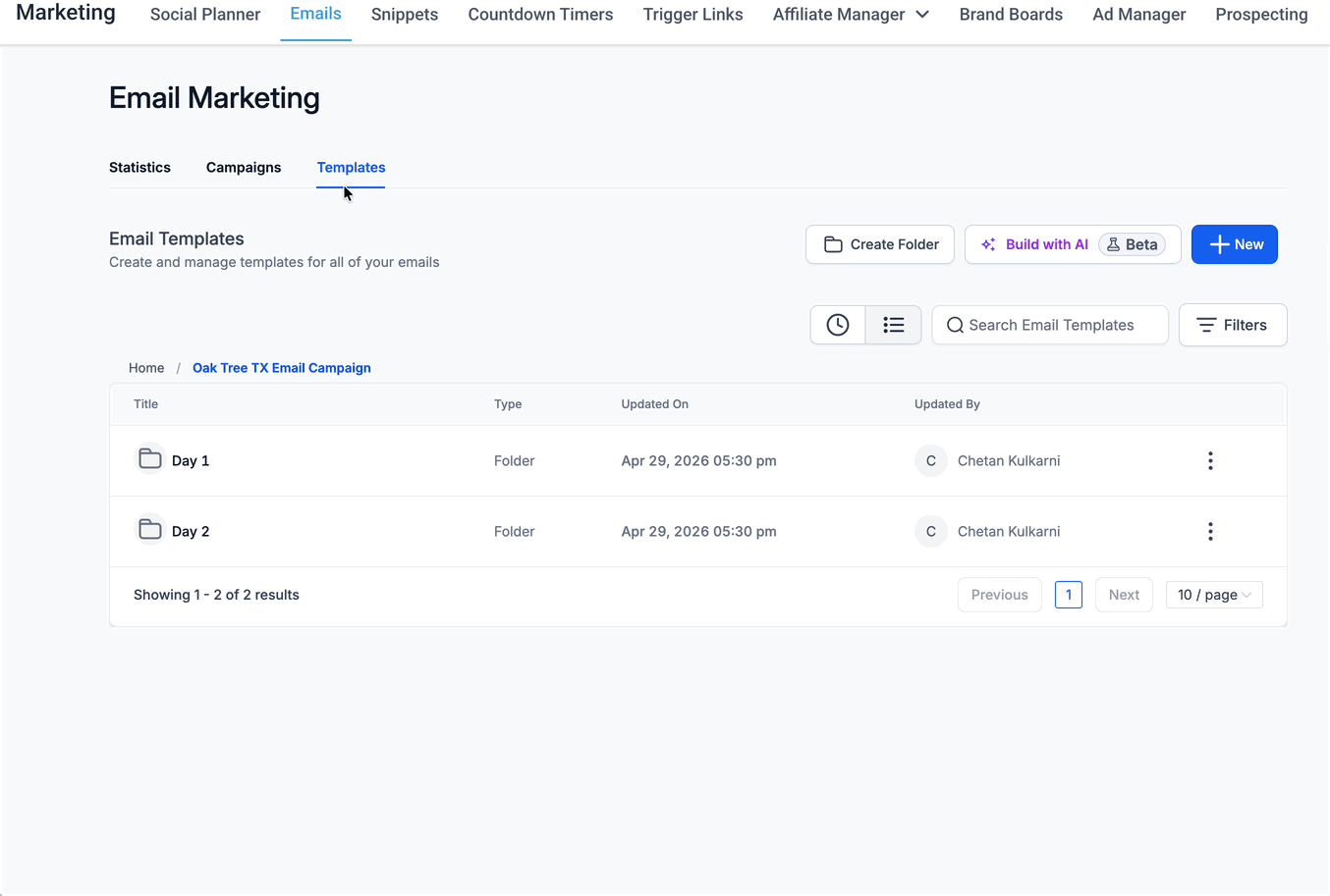 Schermata 3 — Come configurare le cartelle annidate per Campaign, Template e Sequenze email