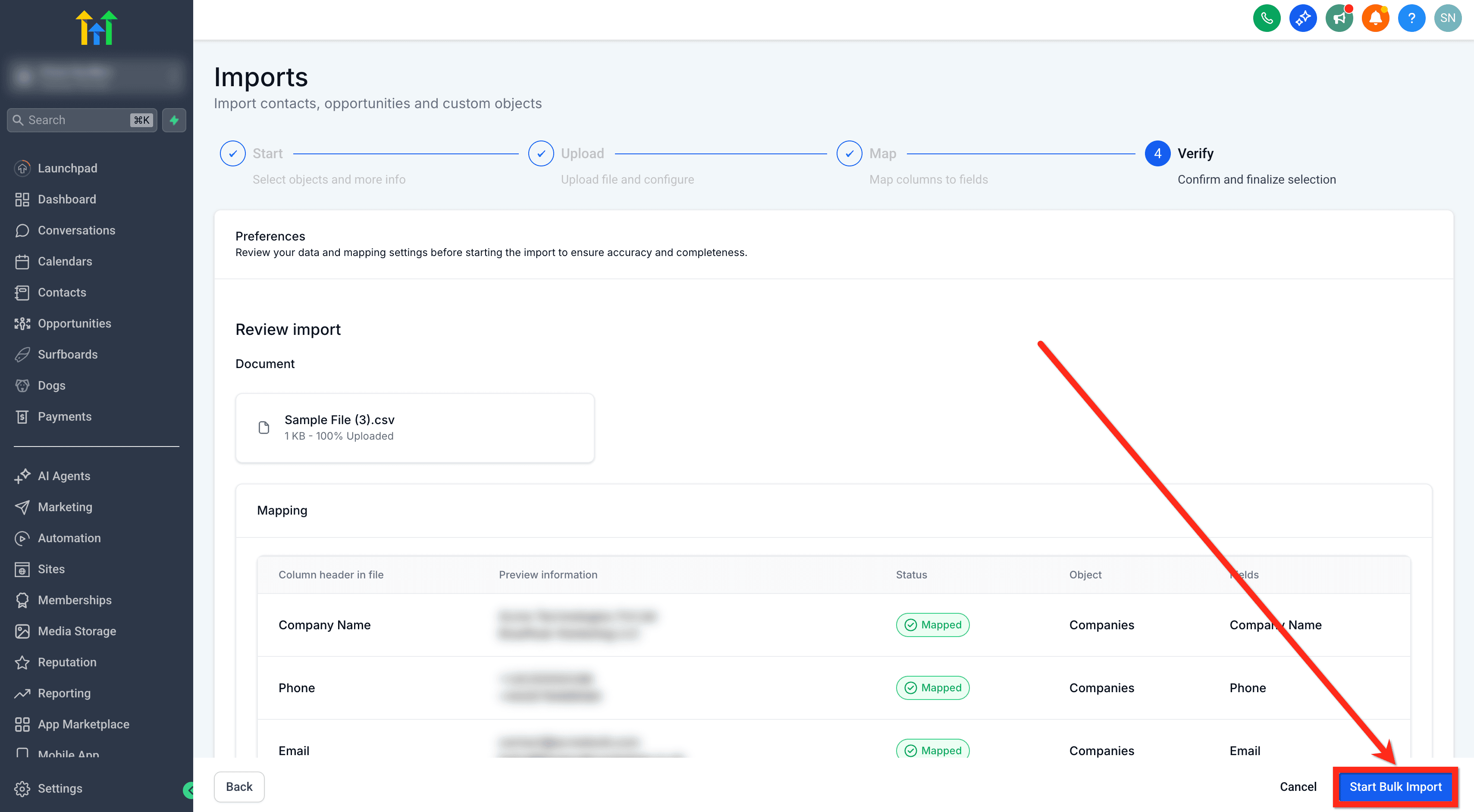 Schermata 6 — Come importare aziende in blocco tramite file CSV