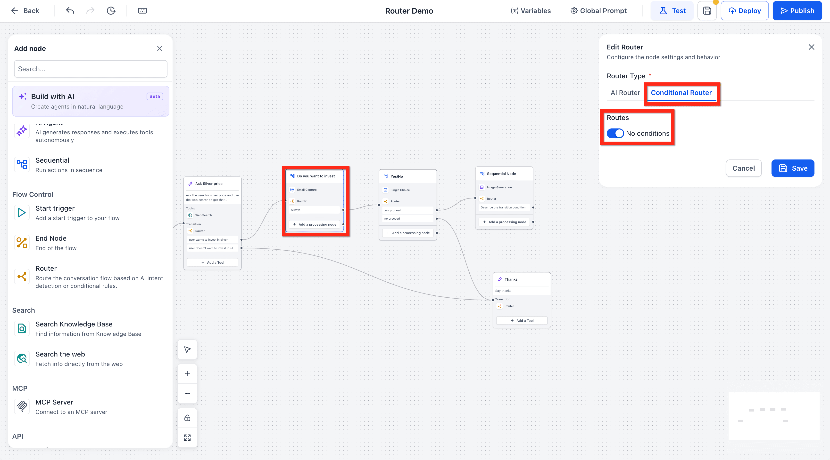 Schermata 12 — Agent Studio - Router Tool (AI Router e Conditional Router)