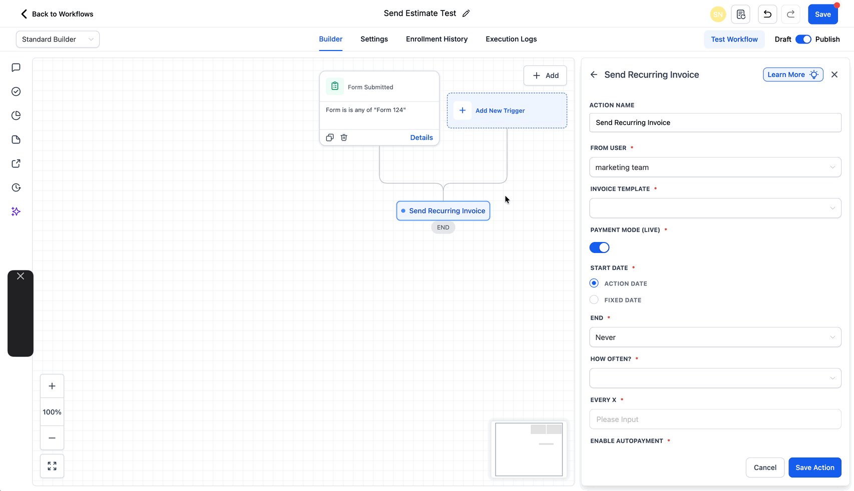 Schermata 4 — Azione Workflow - Invia Fattura Ricorrente