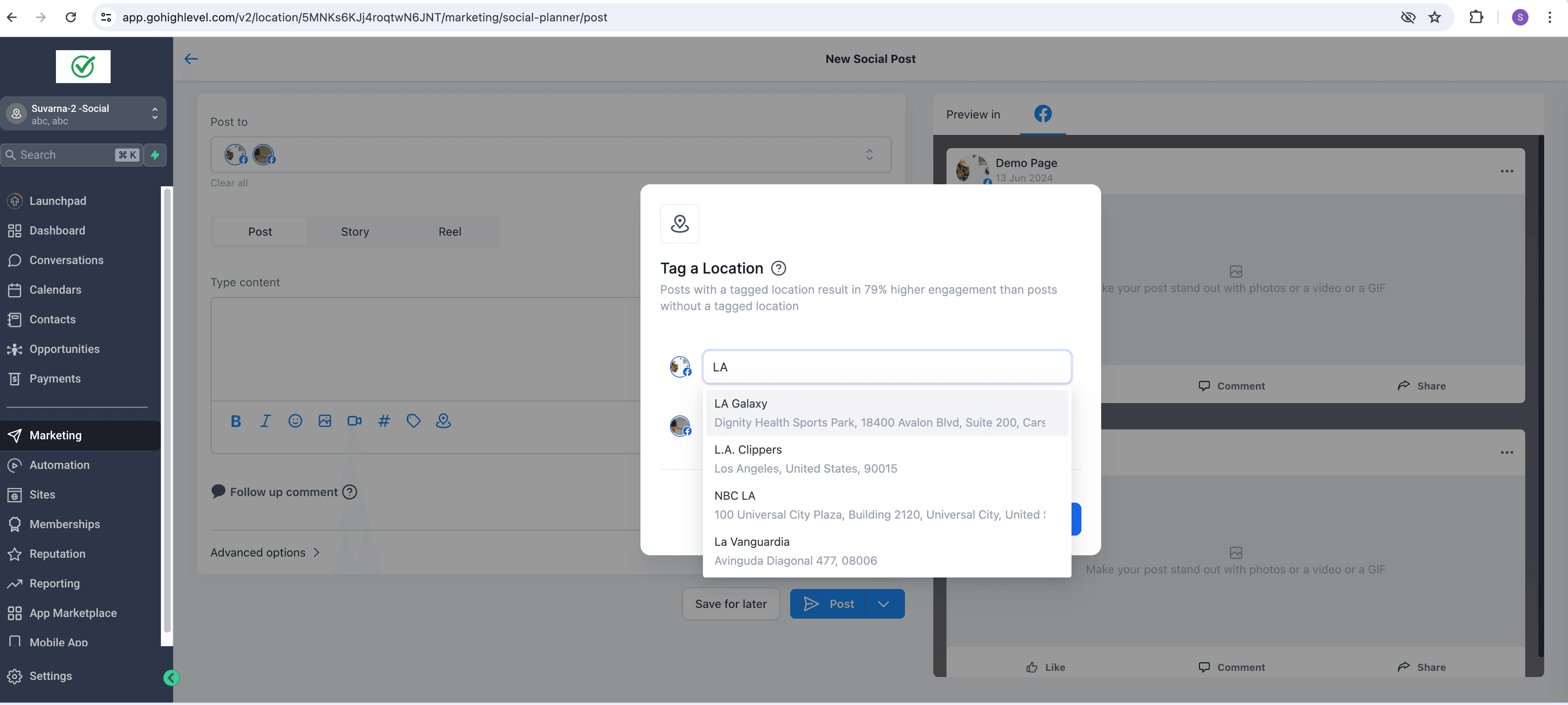 Schermata 6 — Aggiungere il Tag di Posizione ai Post Social