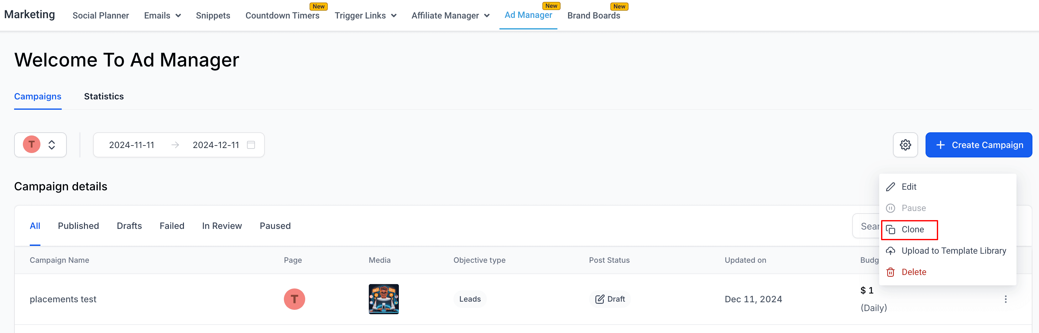 Schermata 1 — Ad Manager: Clonare una Campaign