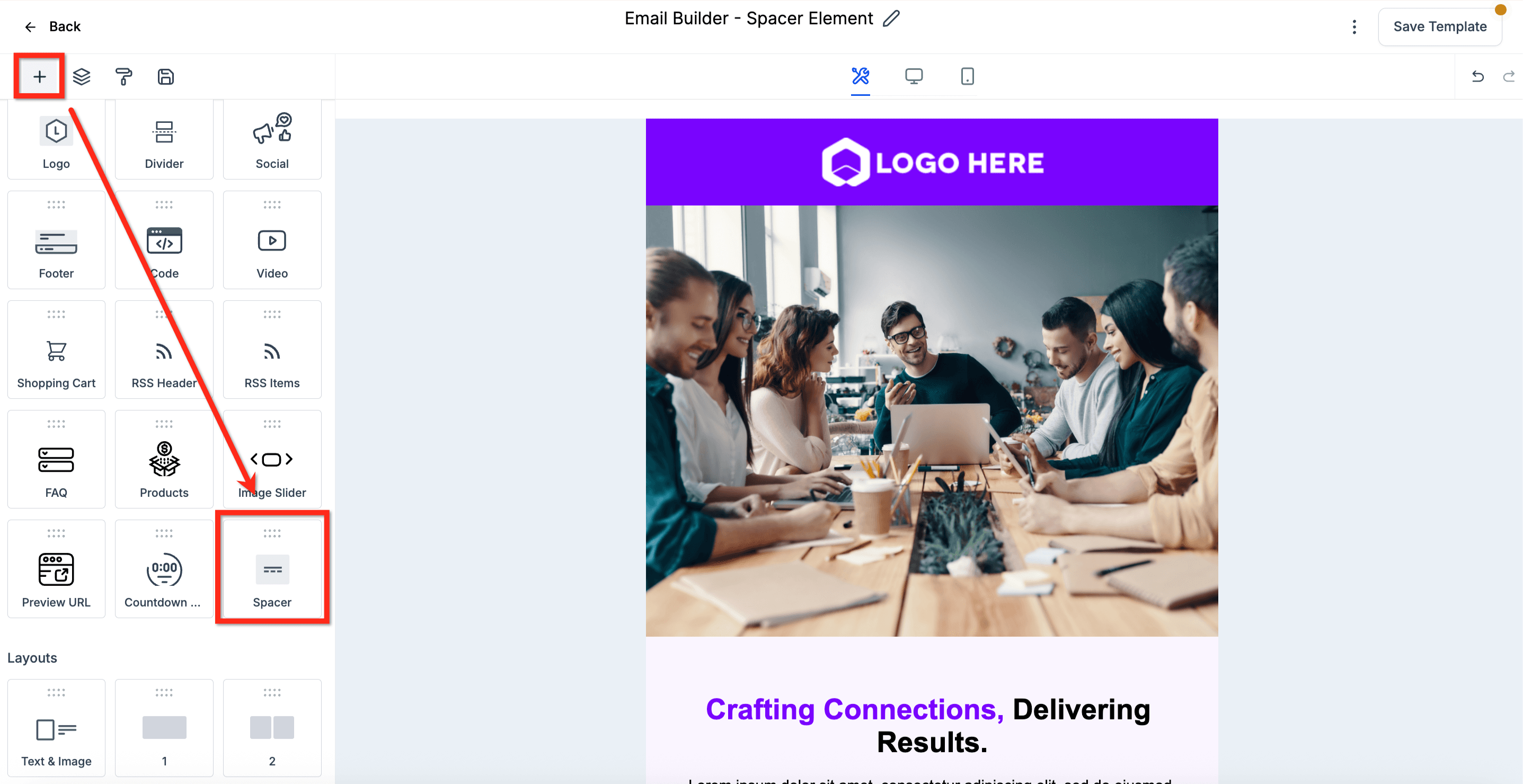 Schermata 3 — Elemento Spacer nell'Email Builder