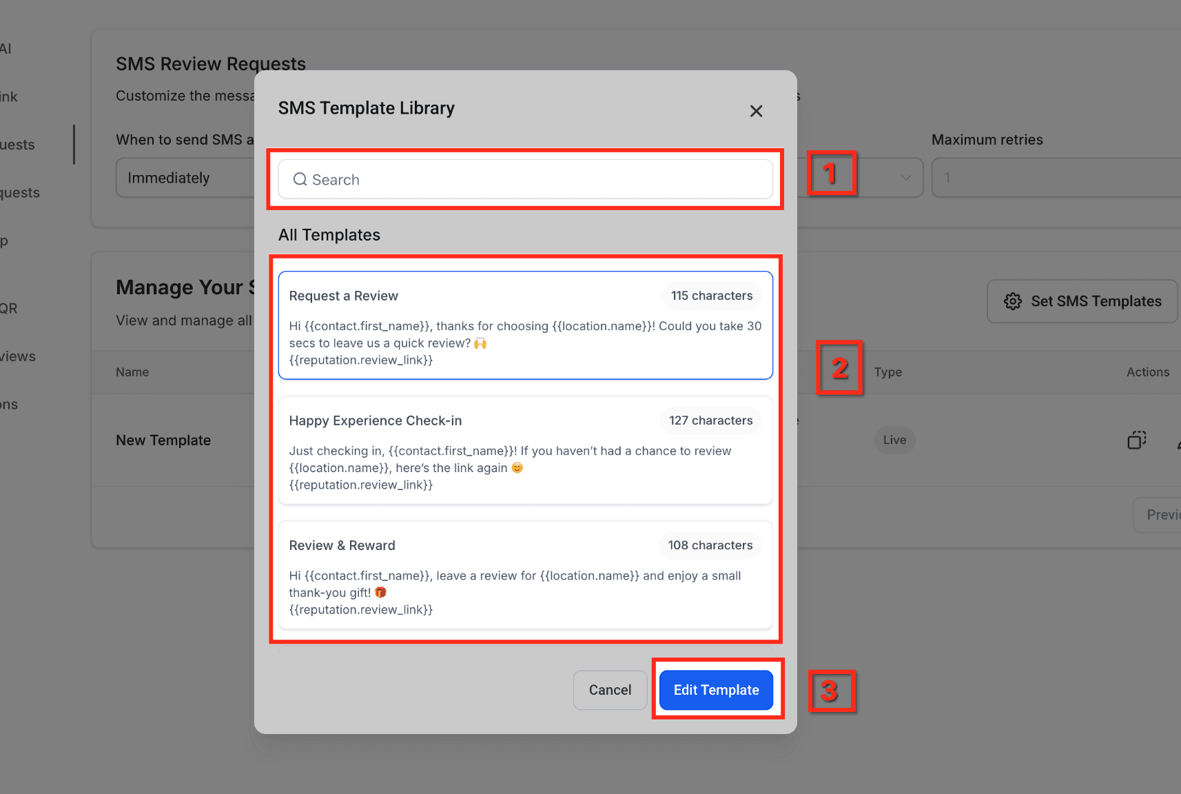 Schermata 13 — Come personalizzare le richieste di recensione con template SMS personalizzati