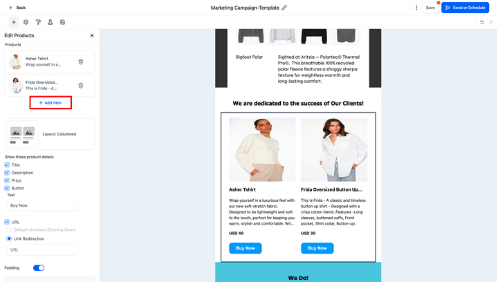 Schermata 14 — Aggiungere l'Elemento Prodotto in una Email Campaign