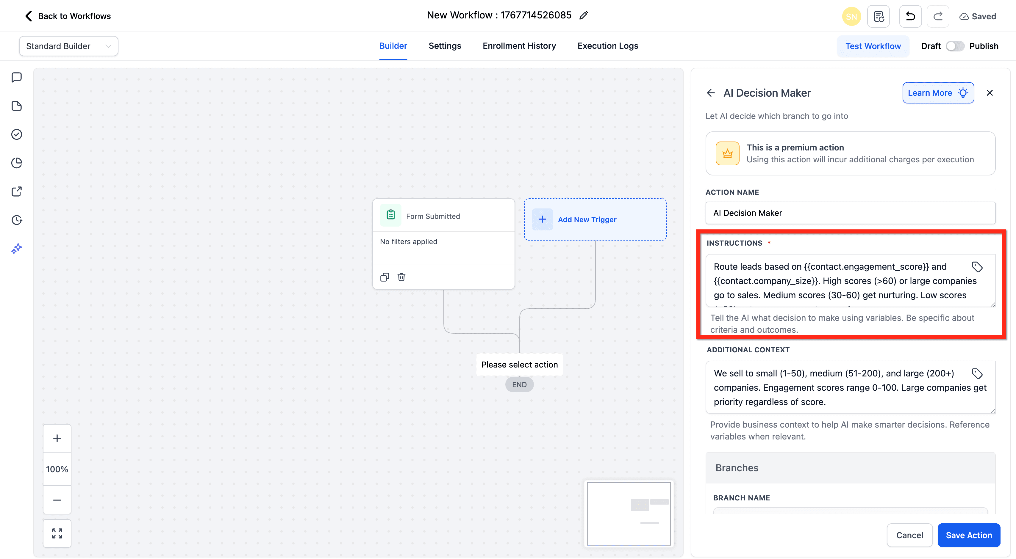 Schermata 3 — Azione Workflow - AI Decision Maker