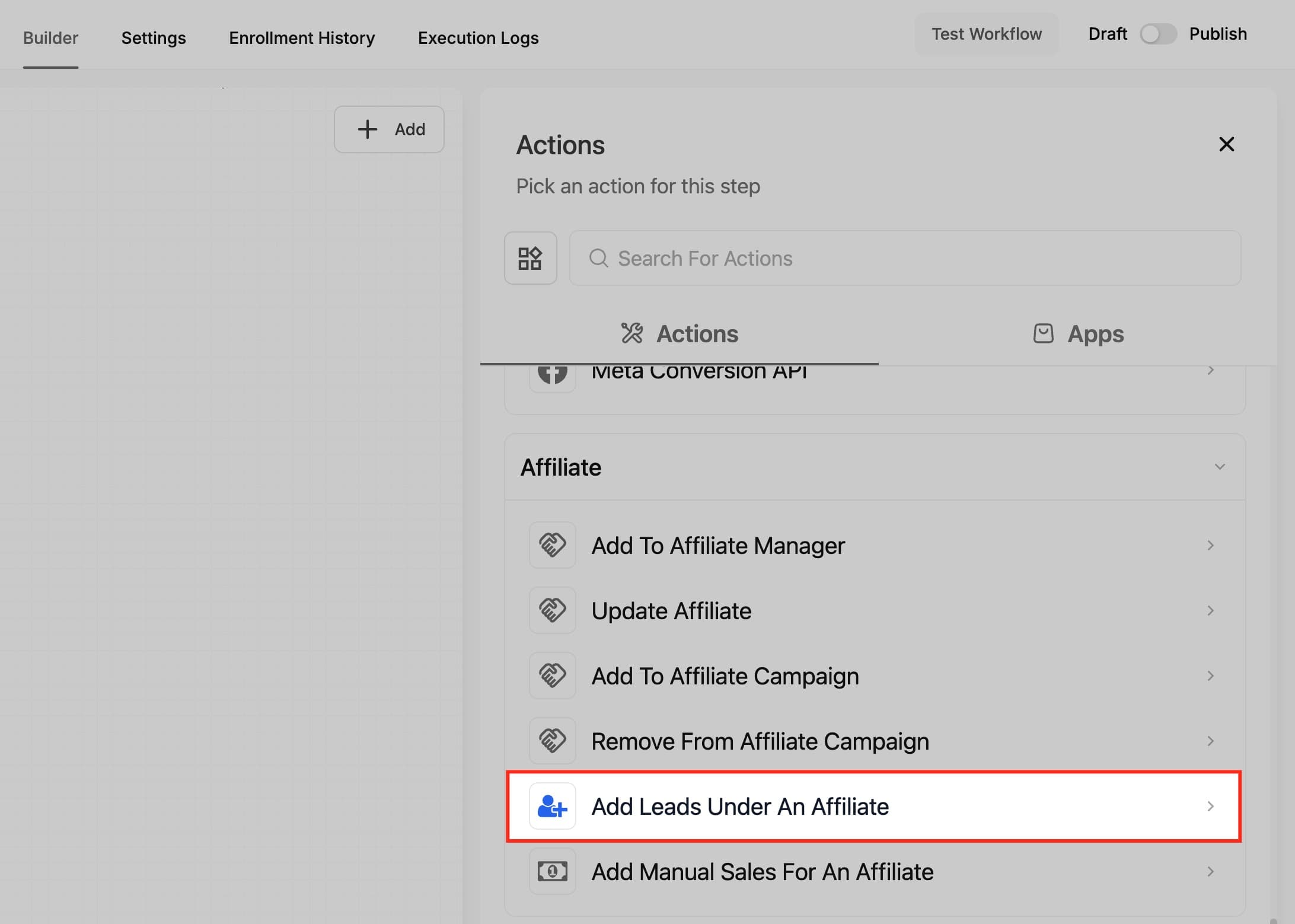 Schermata 3 — Azione Workflow - Aggiungi Lead sotto un Affiliato