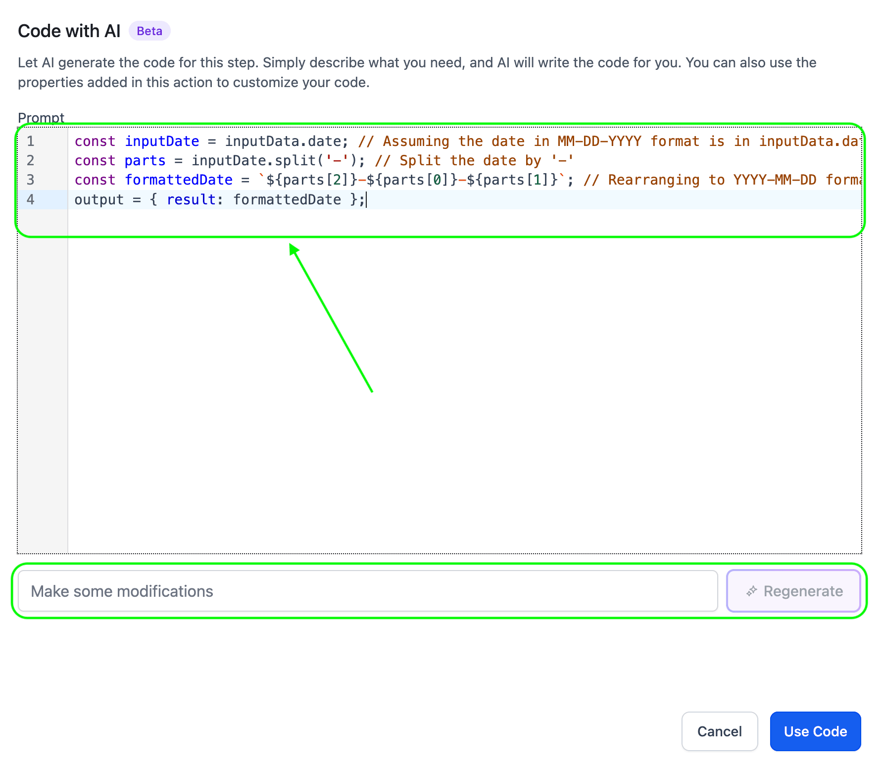 Schermata 4 — Generazione di Codice Personalizzato con AI nei Workflow