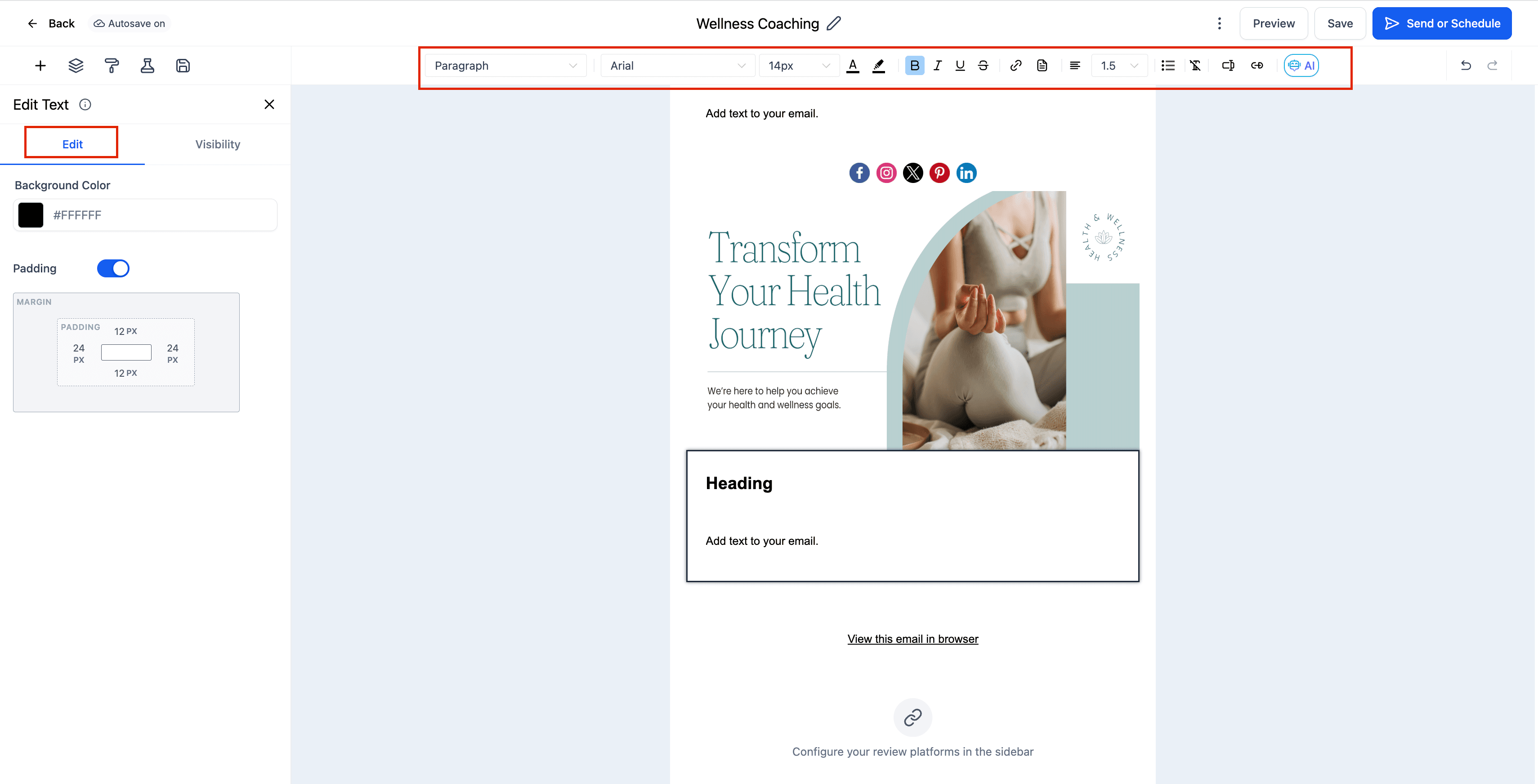 Schermata 4 — Elemento Testo nell'Email Builder