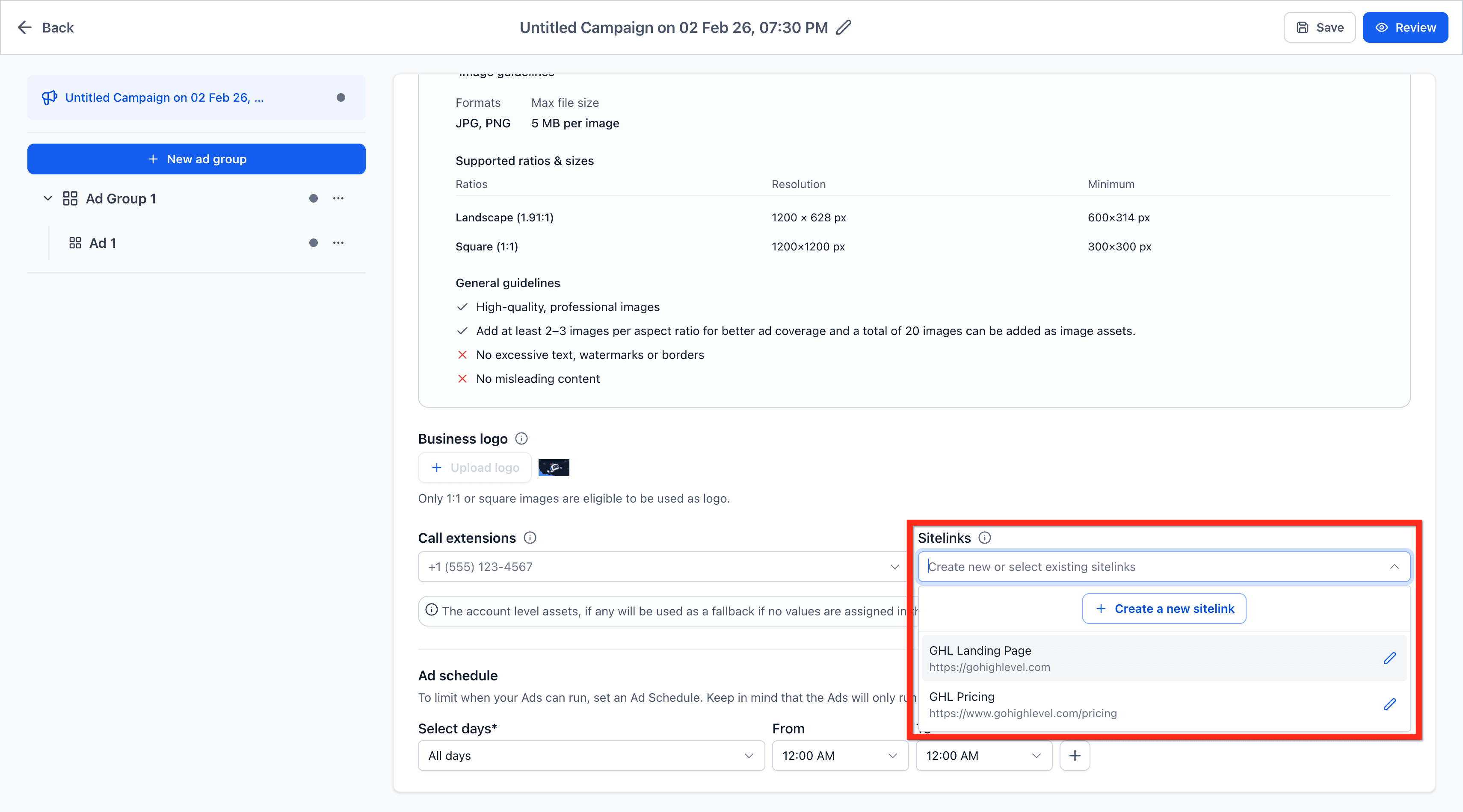 Schermata 6 — Ad Manager - Configura gli Asset Aggiuntivi di Google Ads a Livello di Campaign
