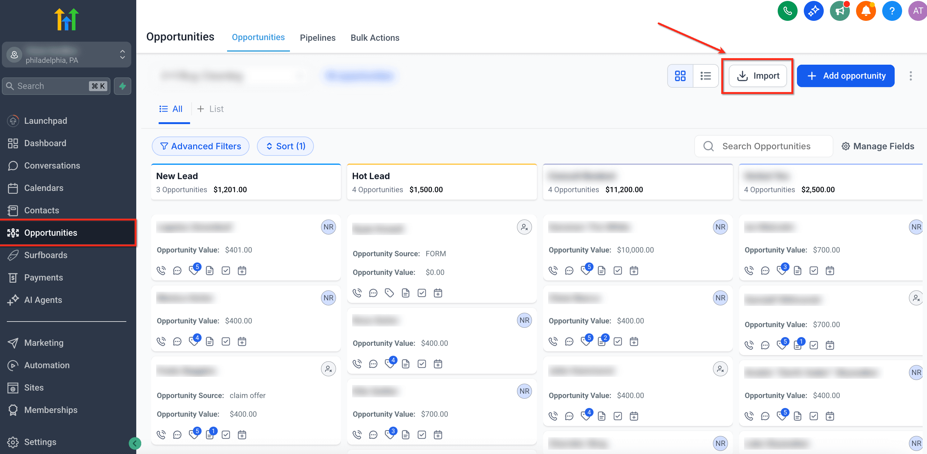 Schermata 1 — Importare Opportunità tramite file CSV
