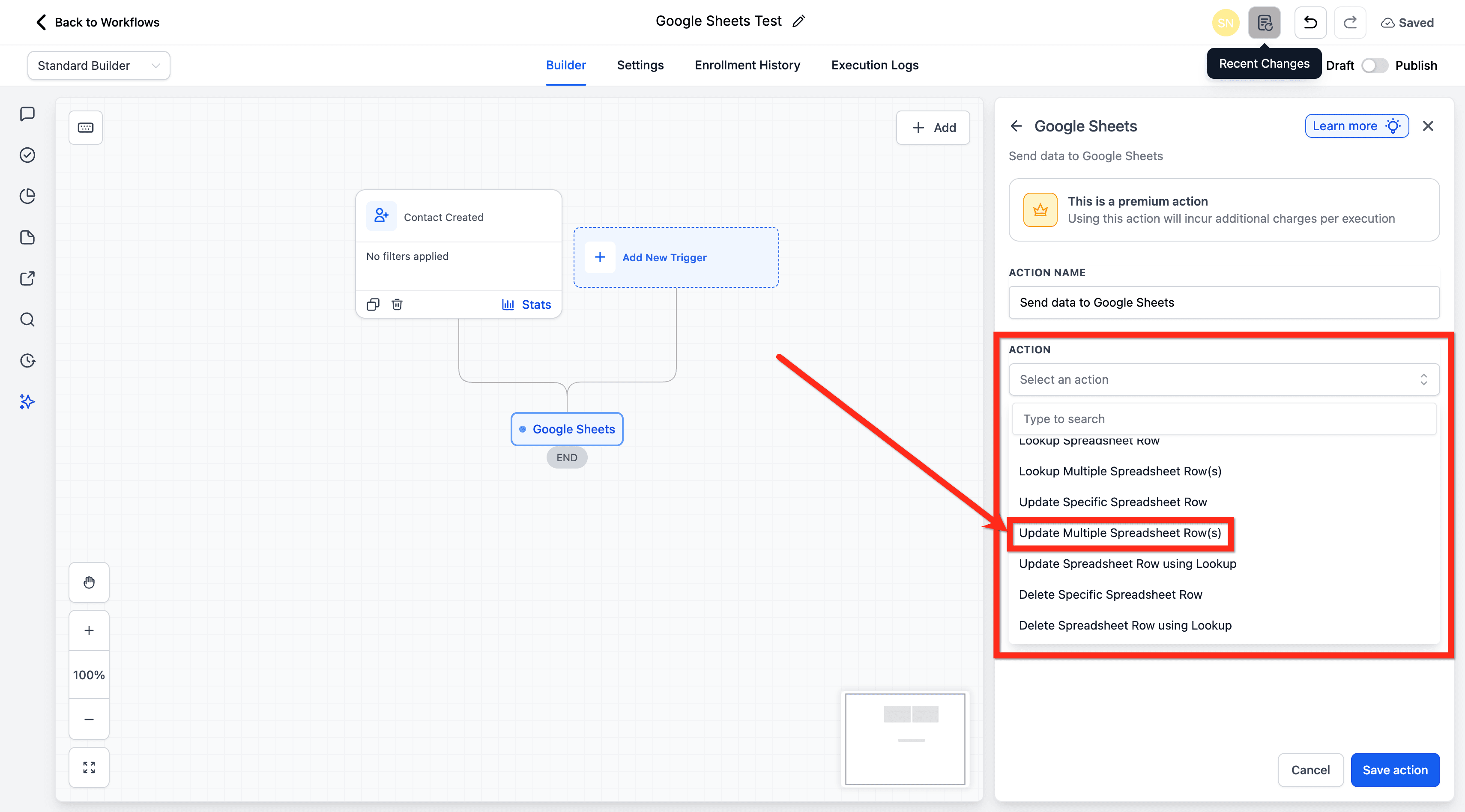 Schermata 14 — Workflow Action - Crea e Aggiorna Più Righe in Google Sheets