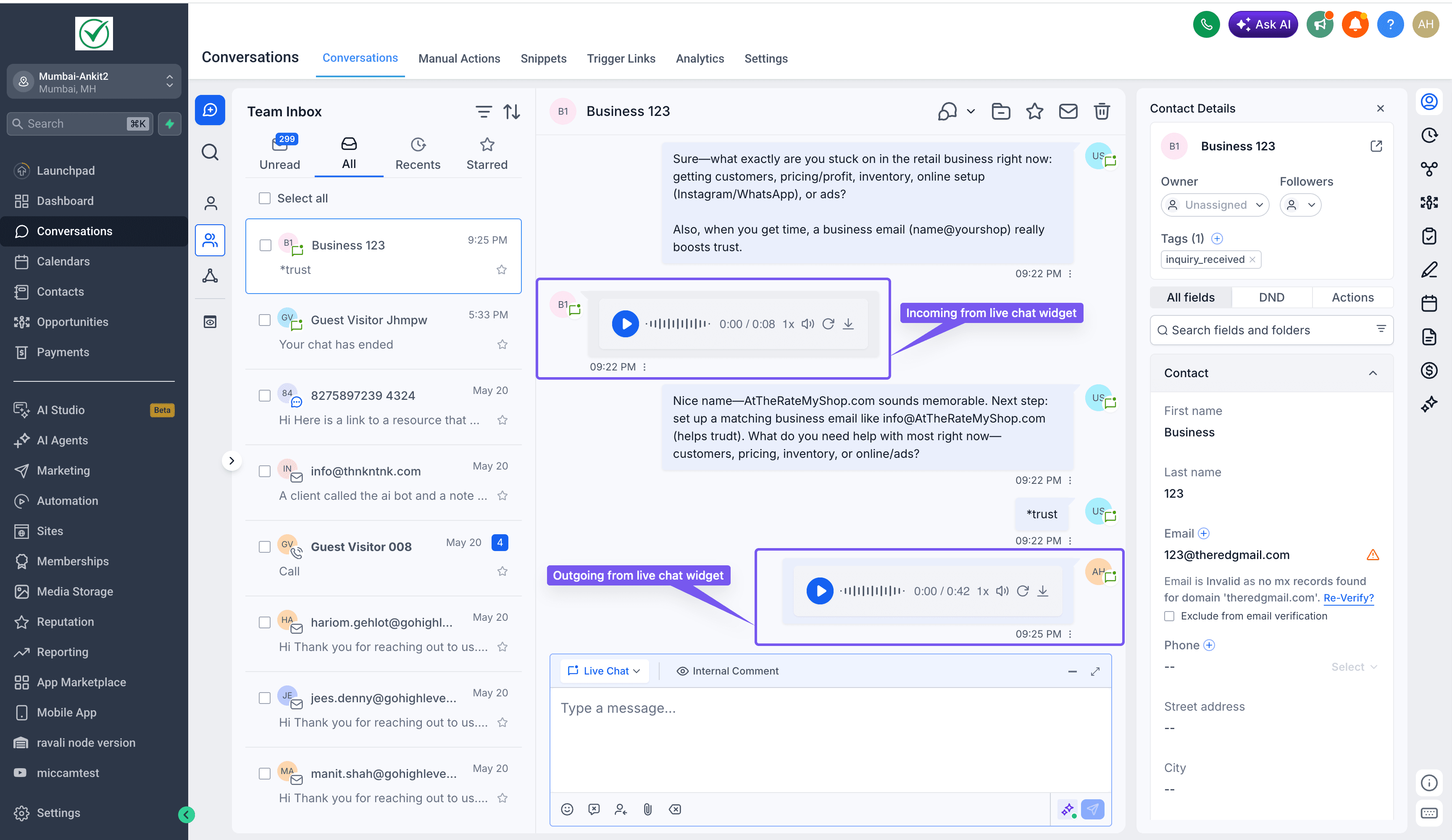 Schermata 7 — Come usare note vocali e allegati nei Chat Widget Live