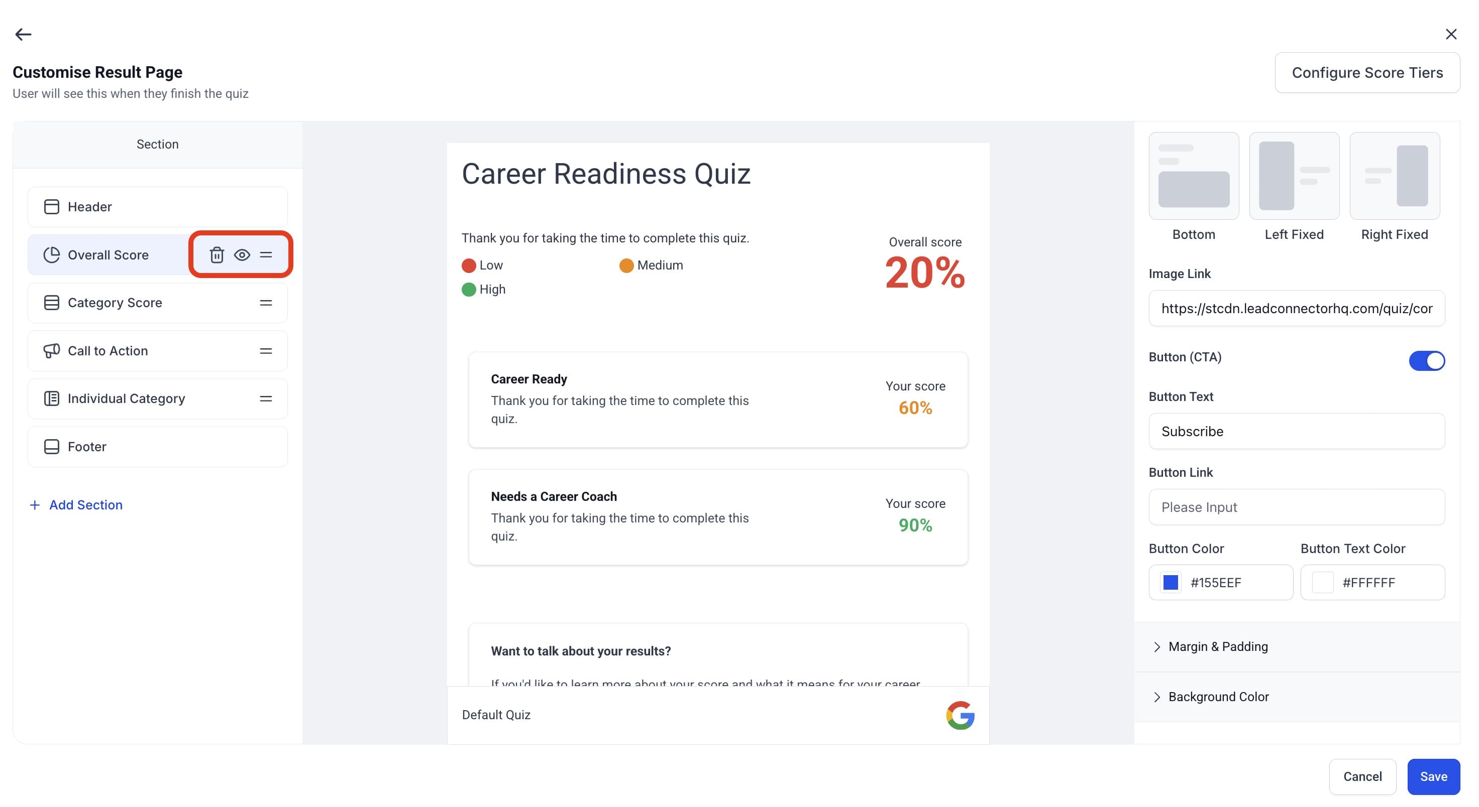 Schermata 7 — Personalizzare le pagine dei risultati del Quiz