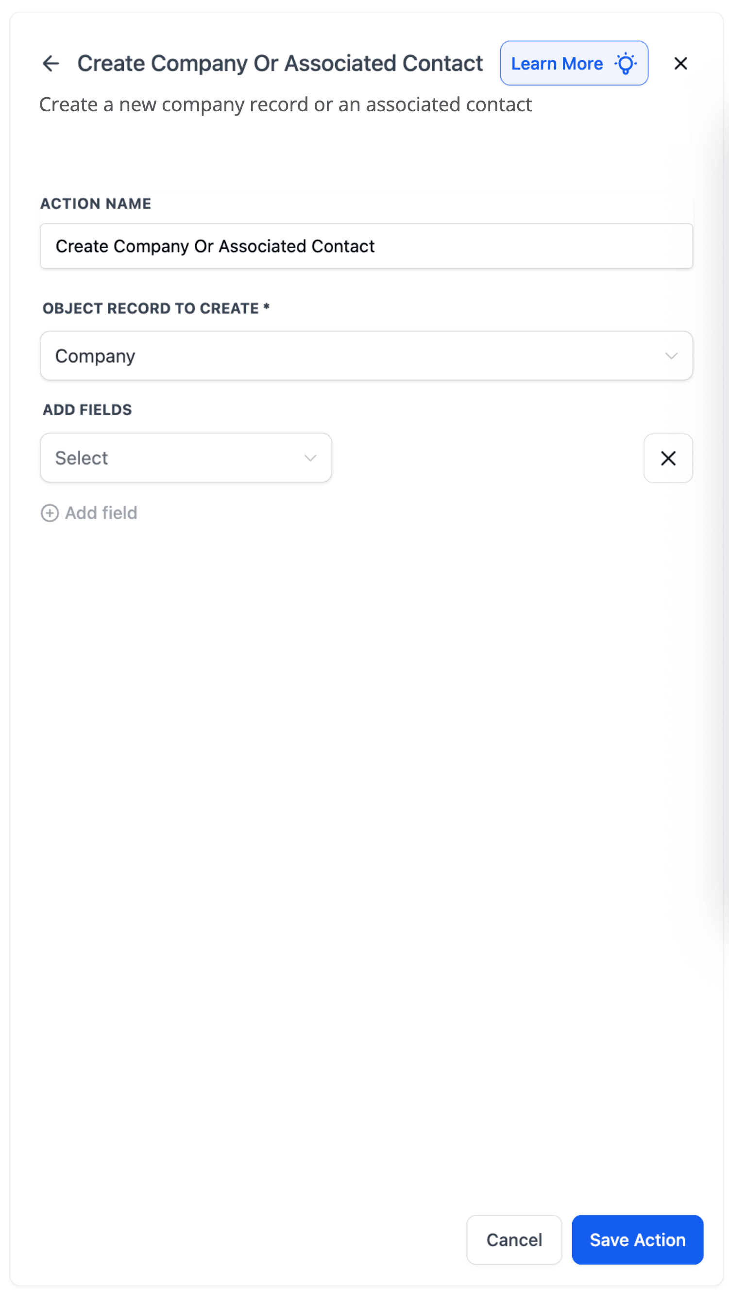 Schermata 1 — Workflow Action – Crea Azienda o Contatto Associato