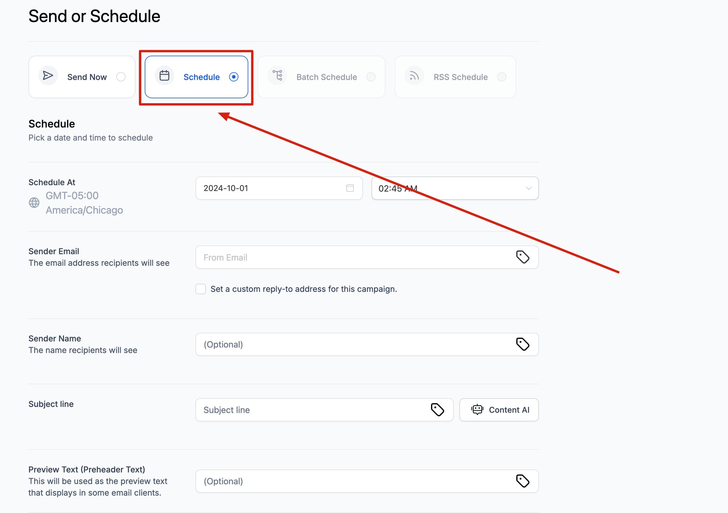 Schermata 2 — Metodi di Invio/Consegna Email - Send Now, Schedule, Batch, RSS Schedule