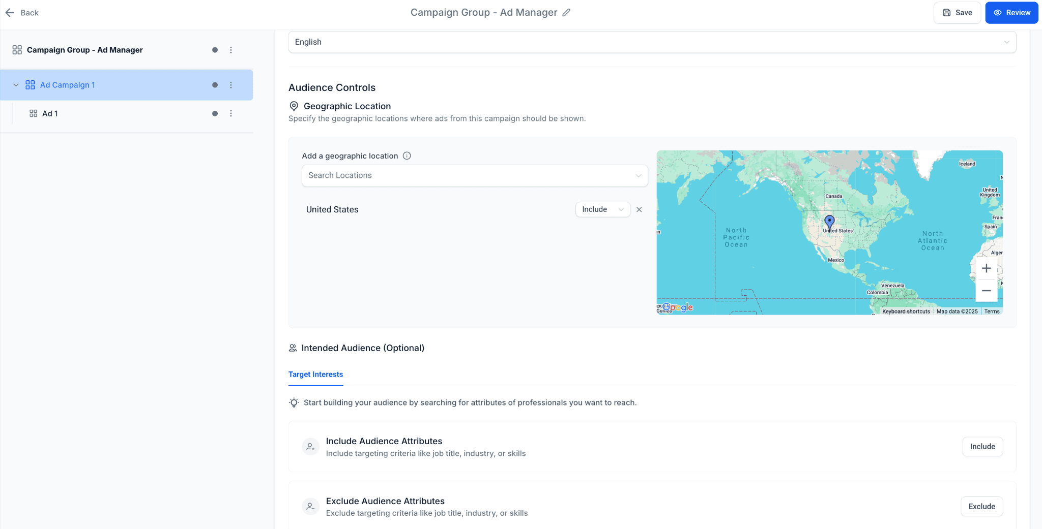 Schermata 2 — Targeting del pubblico per le campagne LinkedIn in Ad Manager