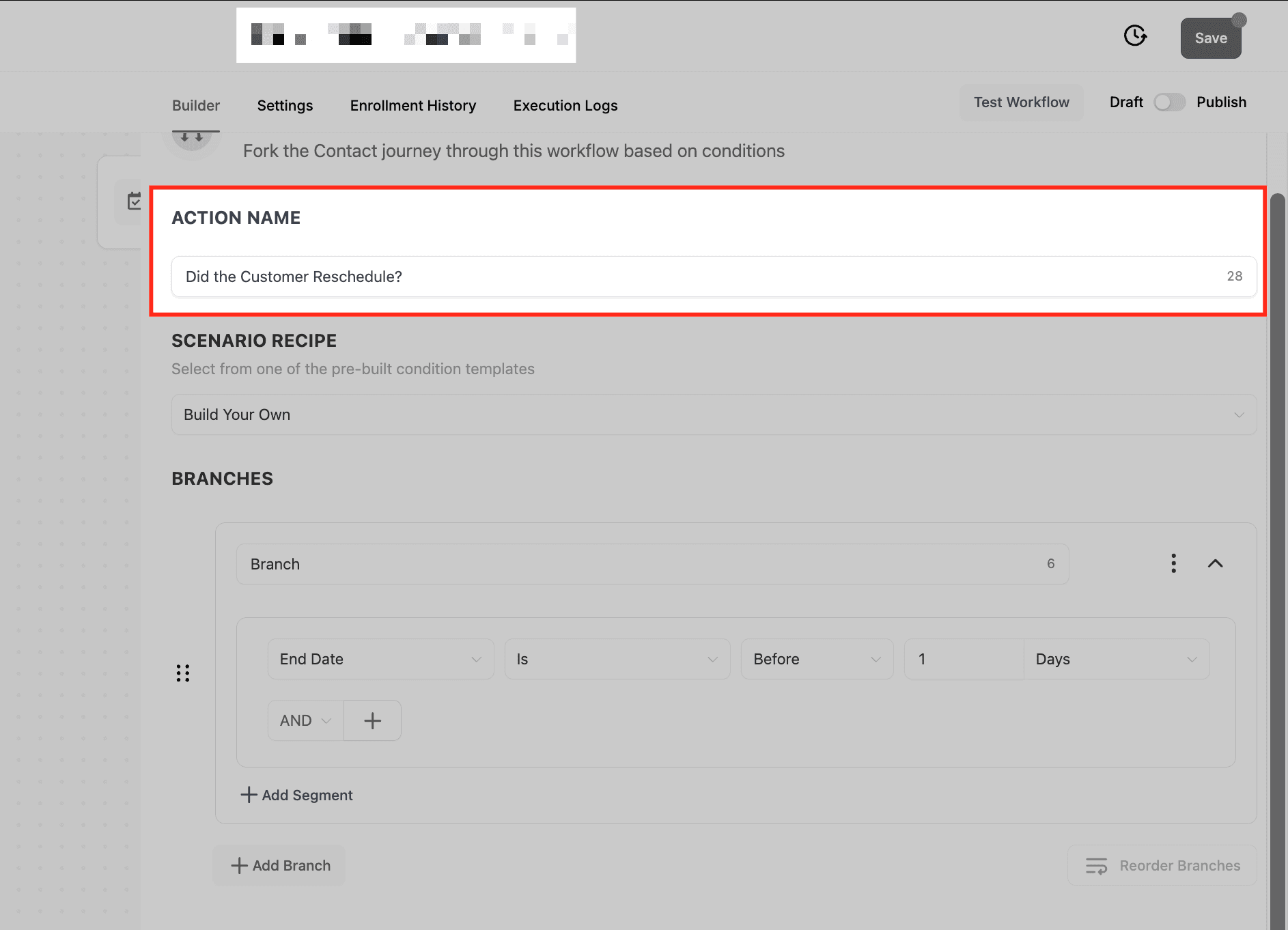 Schermata 5 — Azione Workflow If/Else - Opzioni di Filtro per gli Appuntamenti