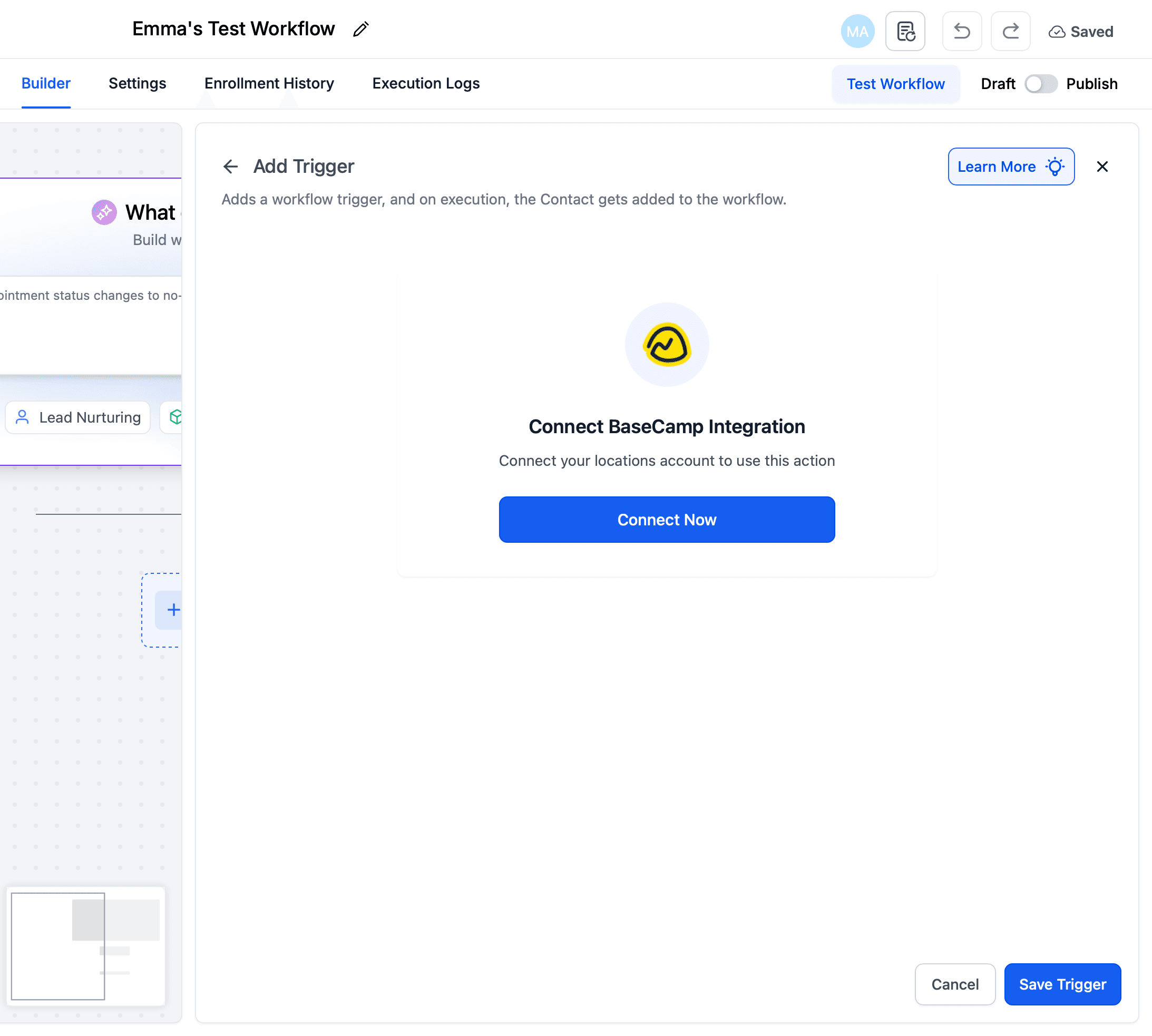 Schermata 1 — Azioni e Trigger di Basecamp nei Workflow