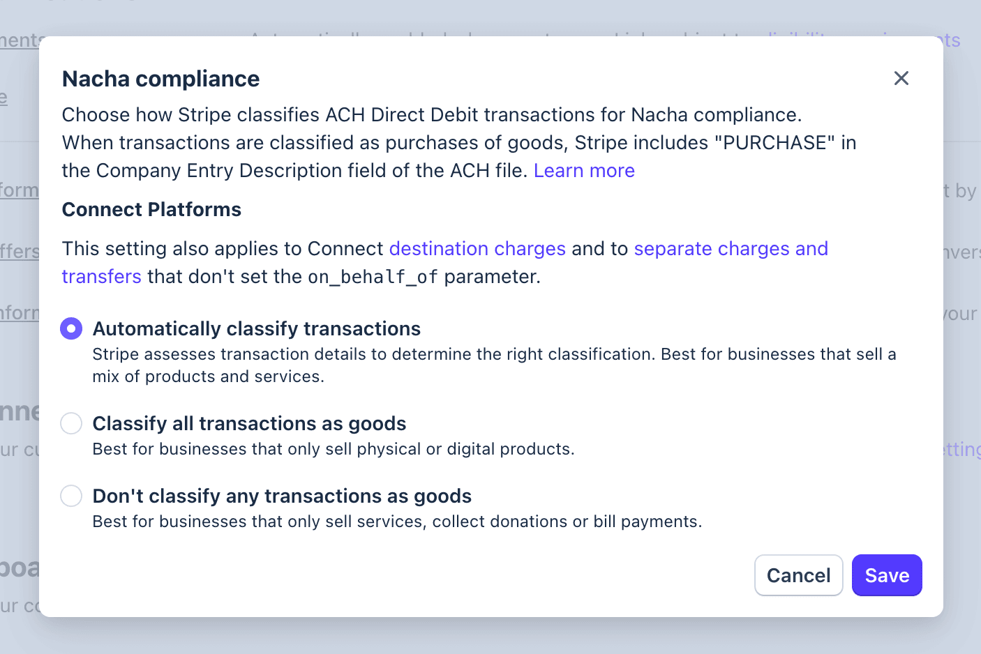 Schermata 1 — Configura il tuo account Stripe per la conformità Nacha