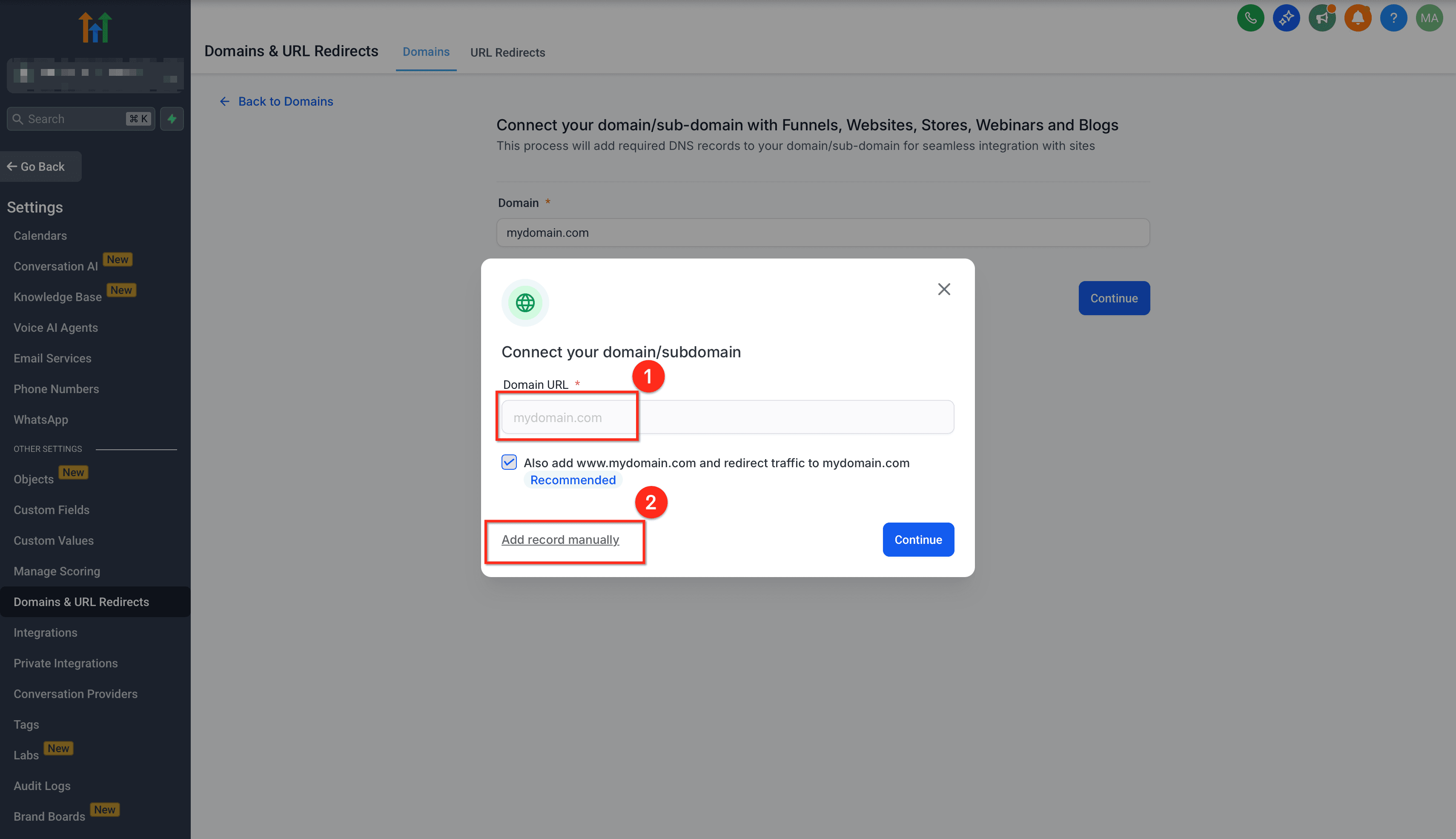 Schermata 9 — Come configurare il dominio root/sottodominio per i tuoi Funnel/Siti web?