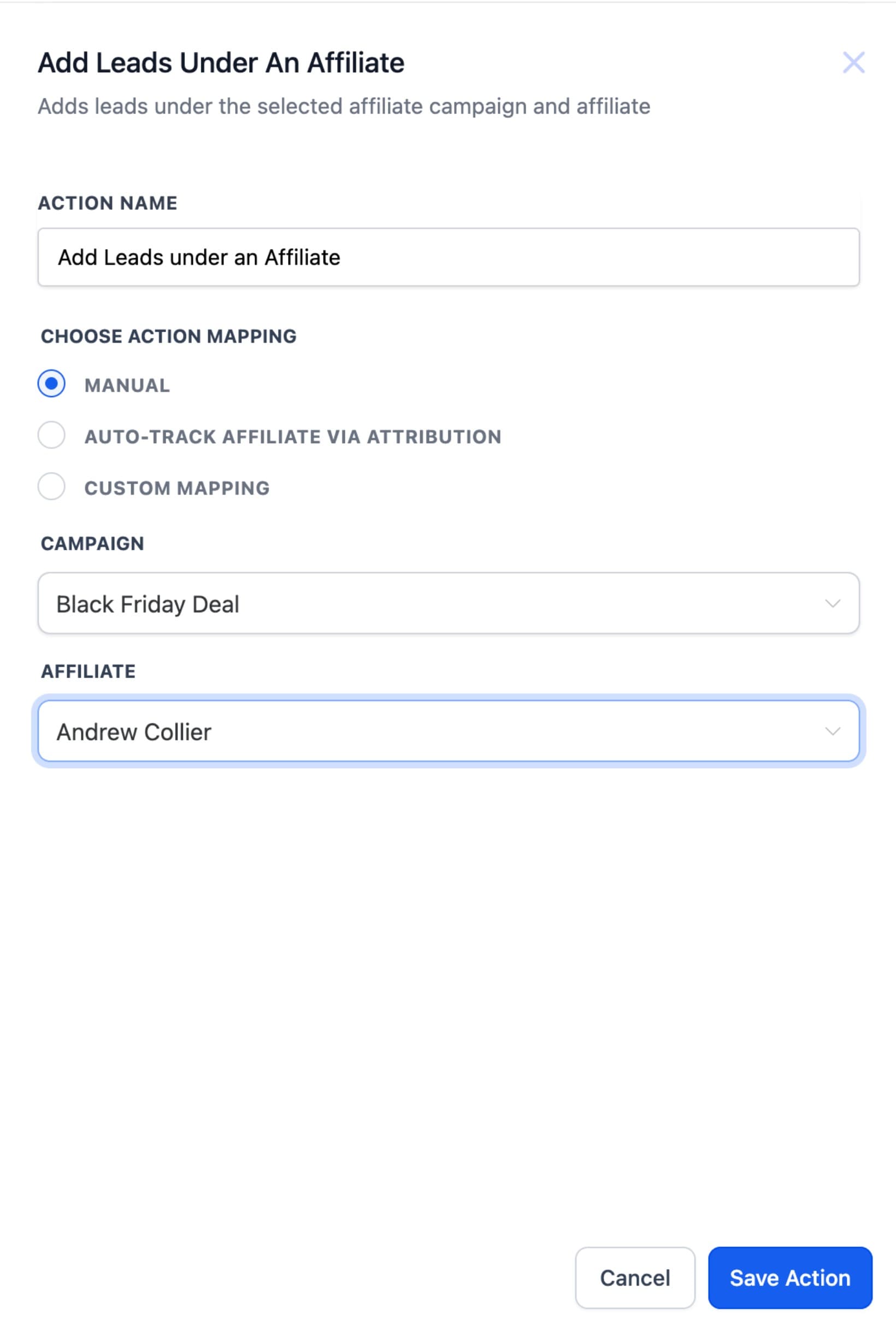 Schermata 1 — Azione Workflow - Aggiungi Lead a un Affiliato
