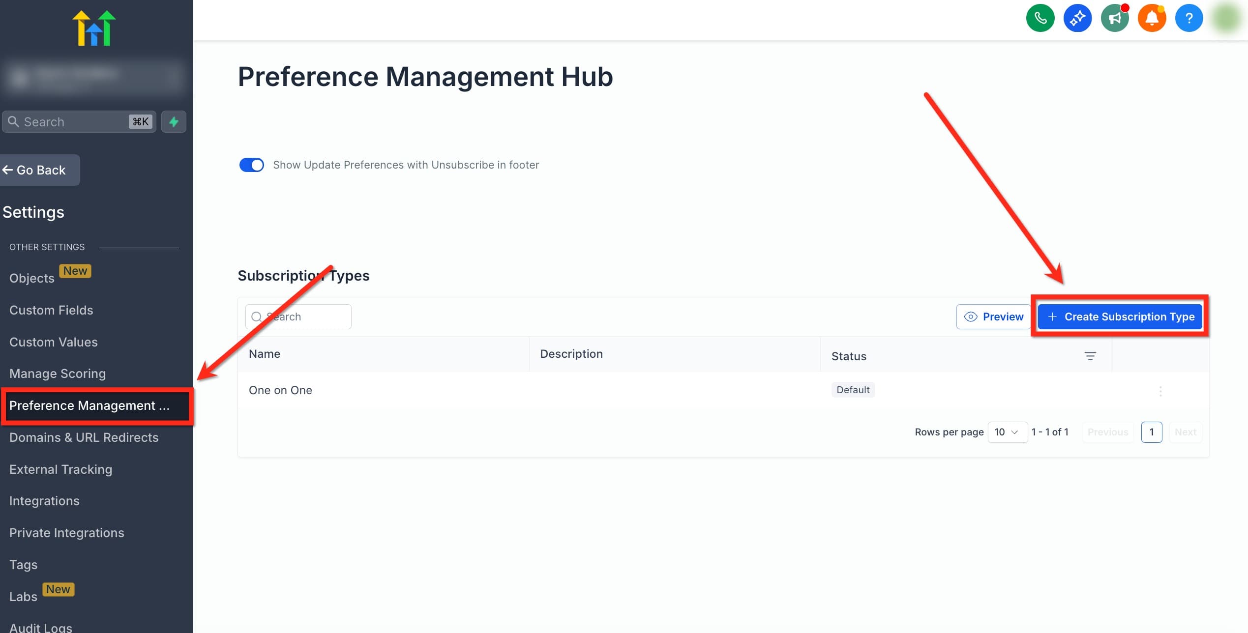 Pulsante Create Subscription Type nel Preference Management Hub