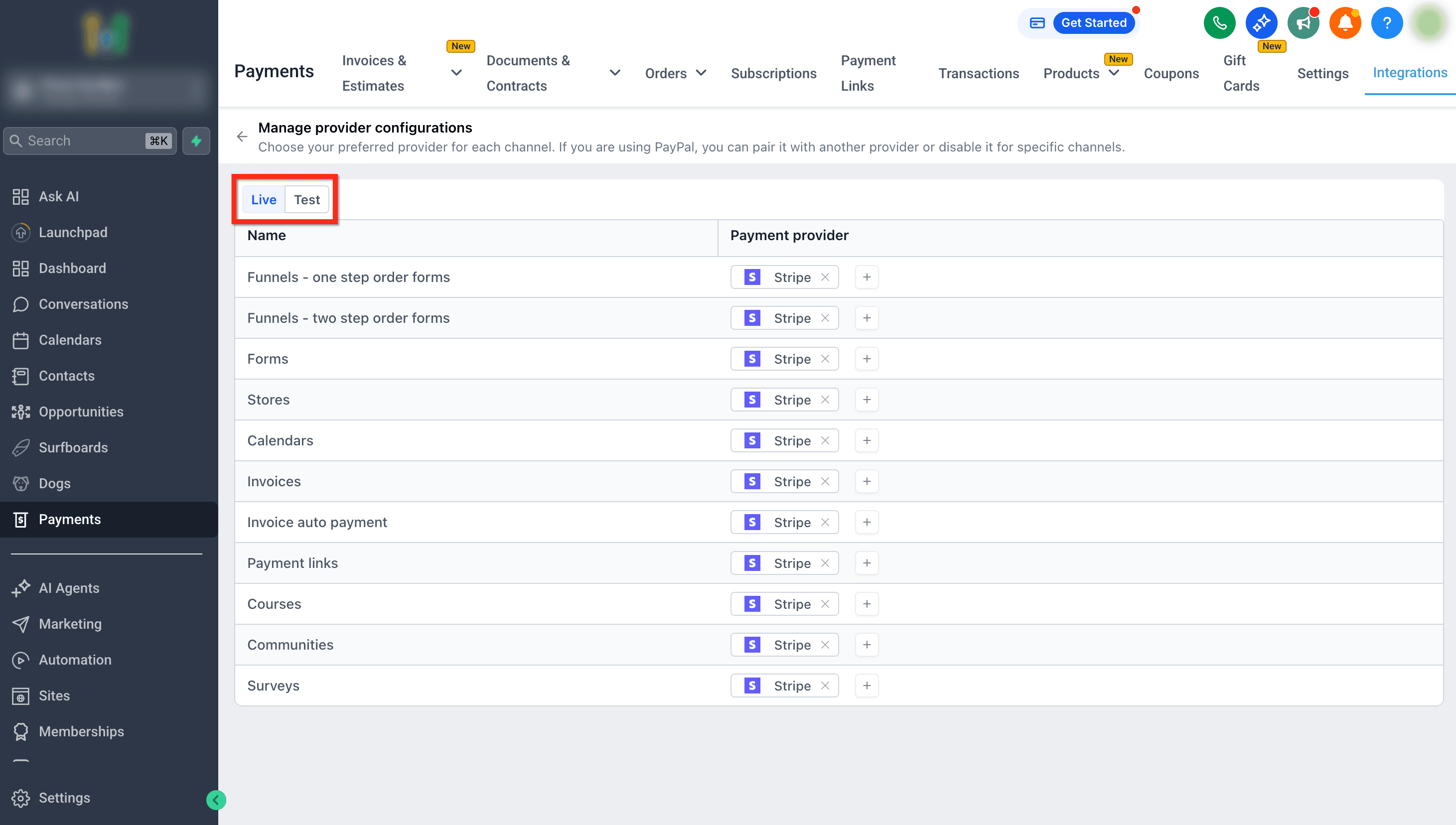 Schermata 6 — Configurare i Provider di Pagamento per Canale
