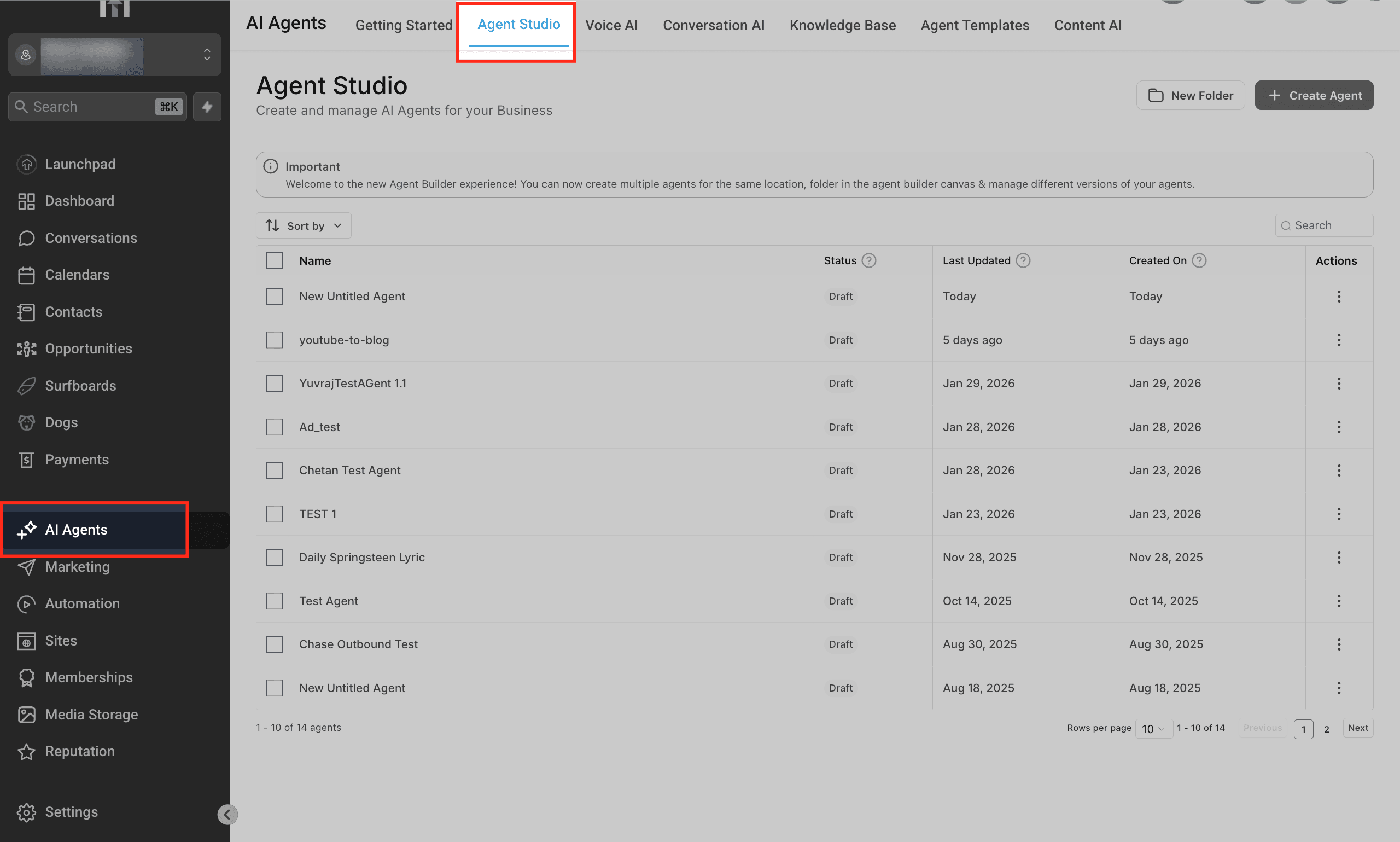 Schermata 1 — Panoramica di Agent Studio: come configurare i Flow Agent