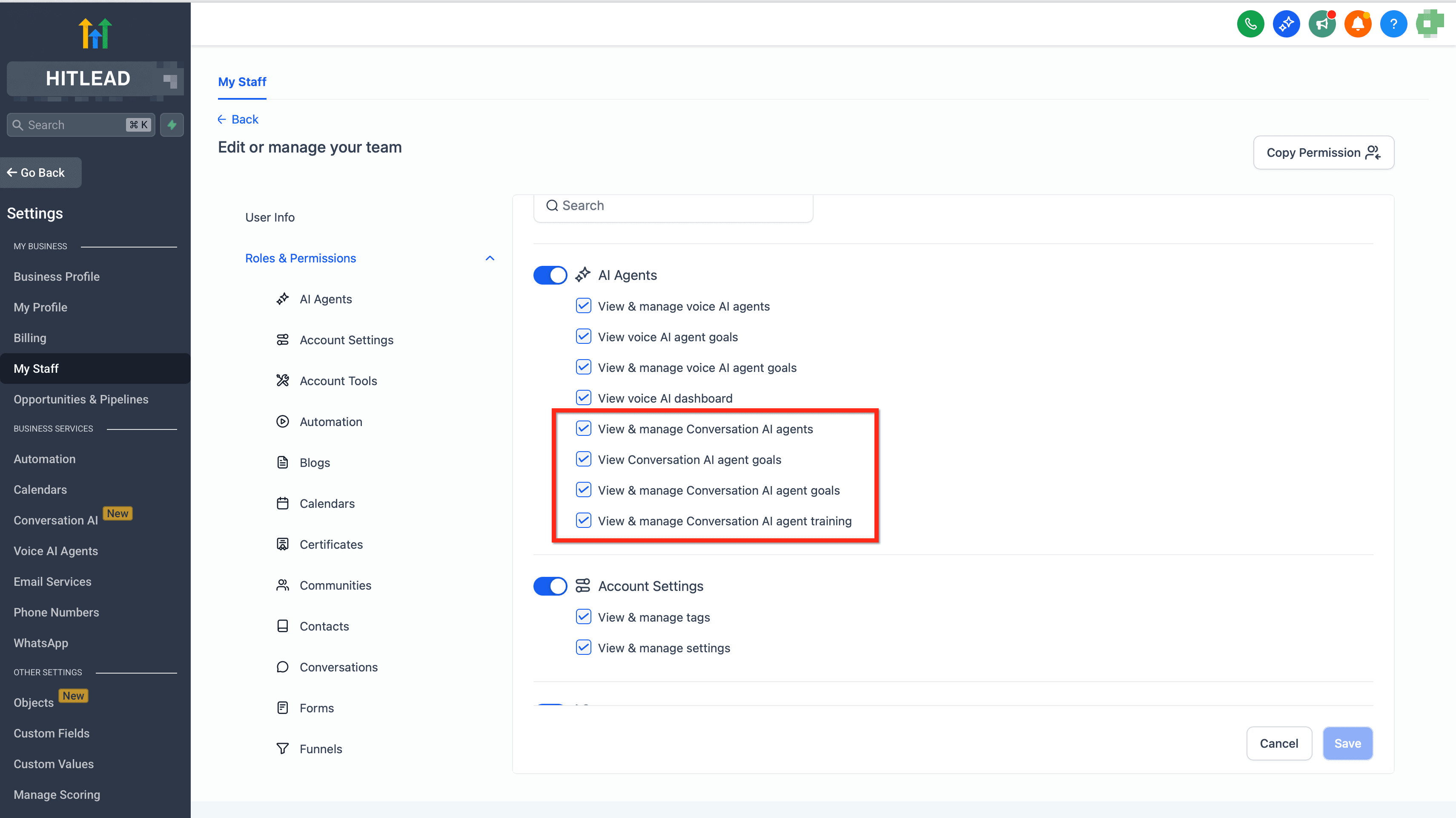 Schermata 3 — Gestione dei Permessi Granulari per gli Agenti di Conversation AI