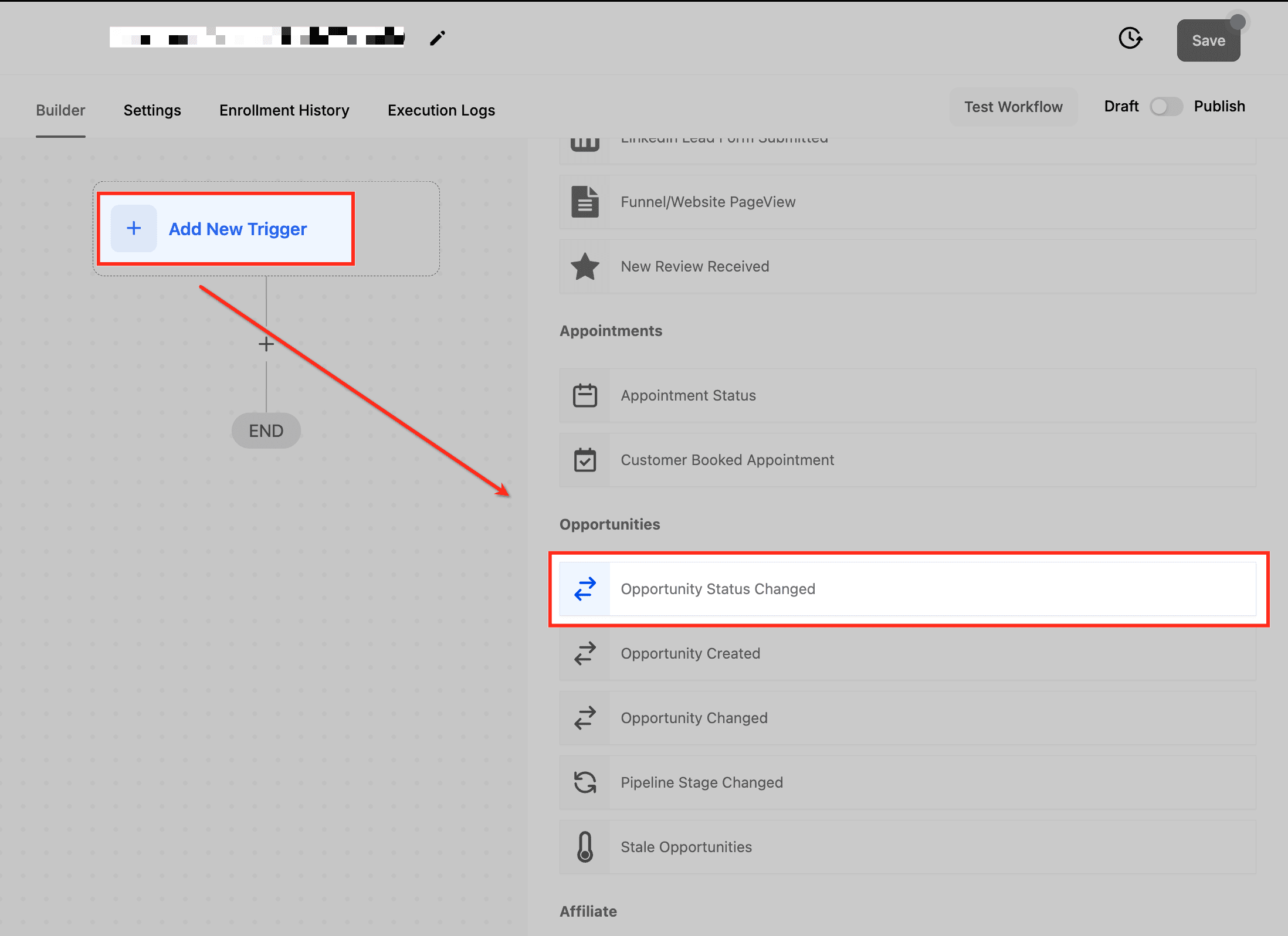 Schermata 1 — Workflow Trigger - Cambio stato Opportunità