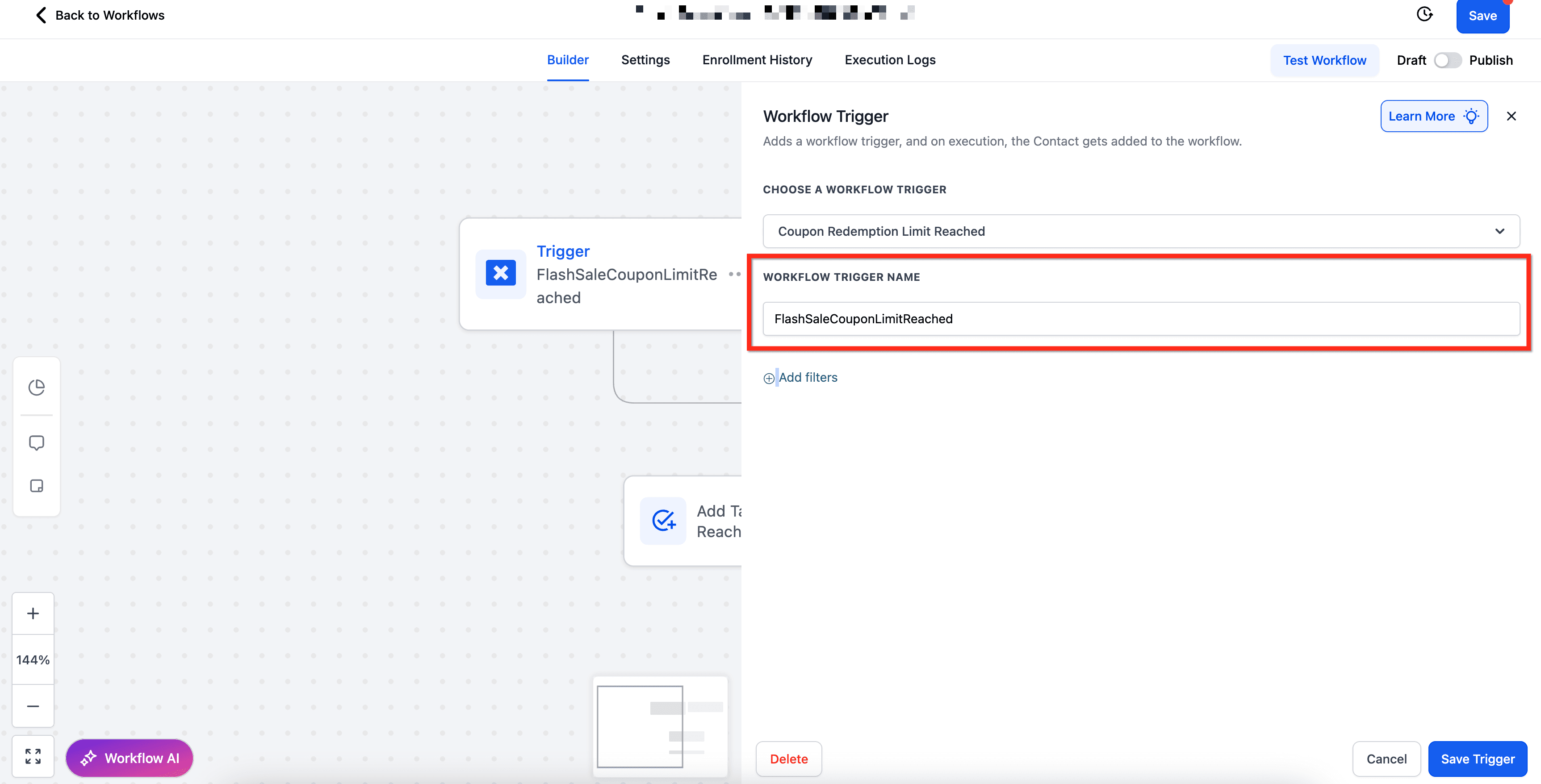 Schermata 3 — Workflow Trigger - Limite di Riscatto Coupon Raggiunto