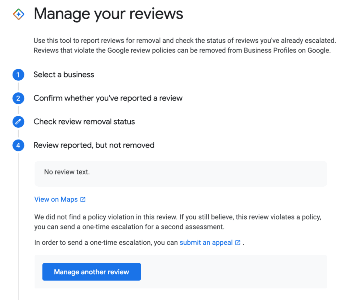 Schermata 6 — Come contestare una recensione Google e verificare lo stato della contestazione