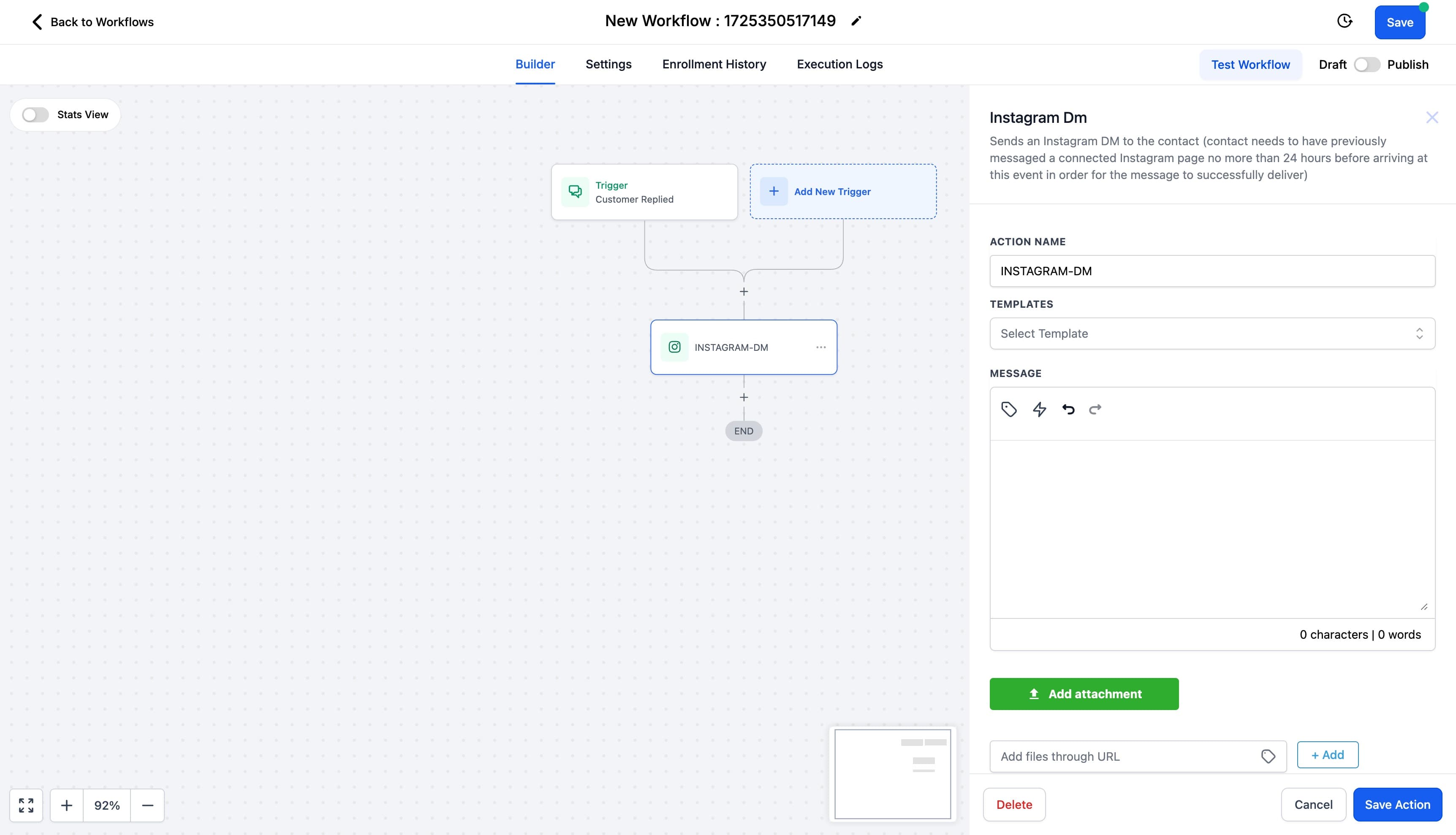 Schermata 1 — Instagram DM - Azione Workflow