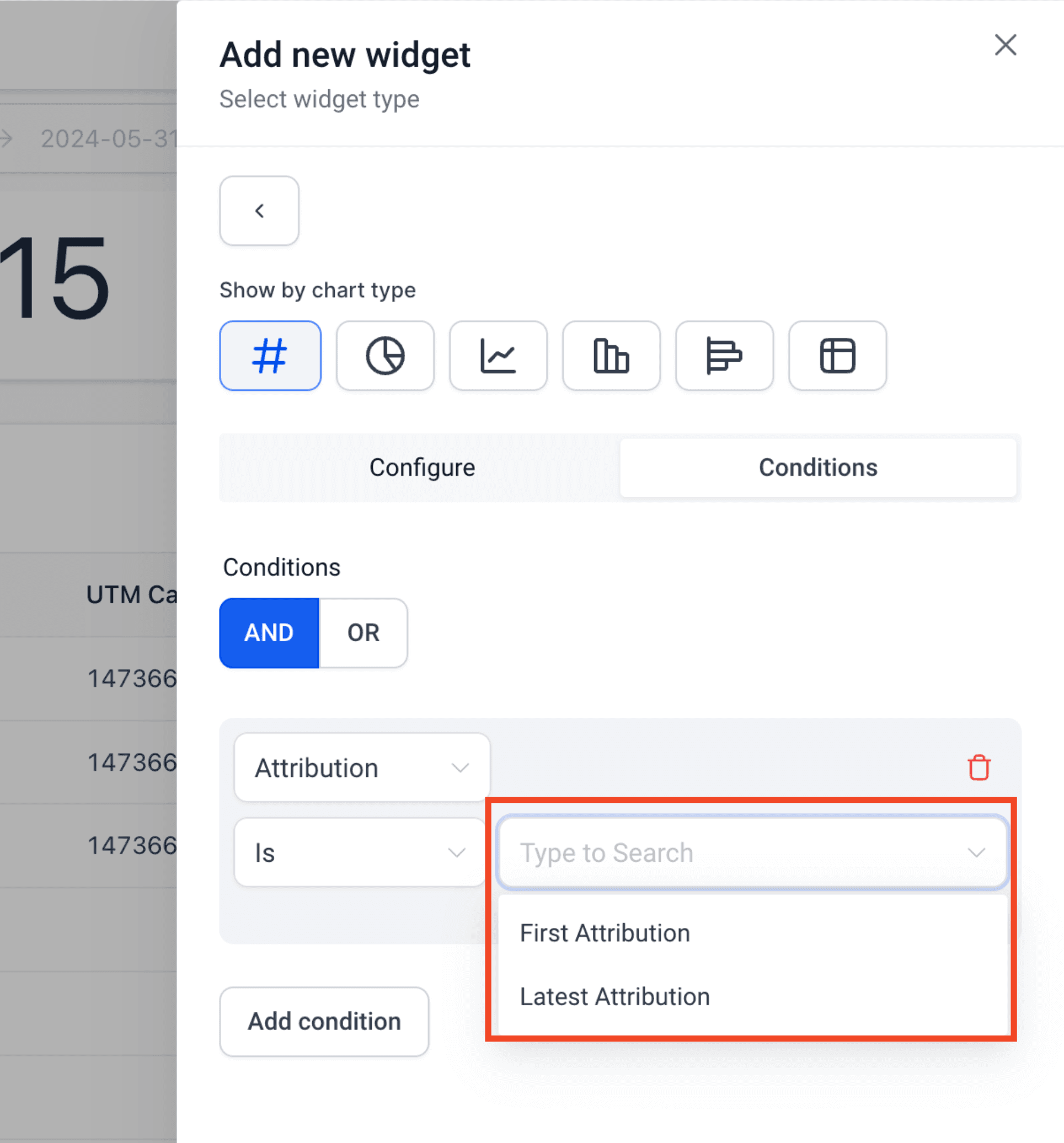 Schermata 2 — Come aggiungere parametri di attribuzione e UTM come filtri sui Widget personalizzati