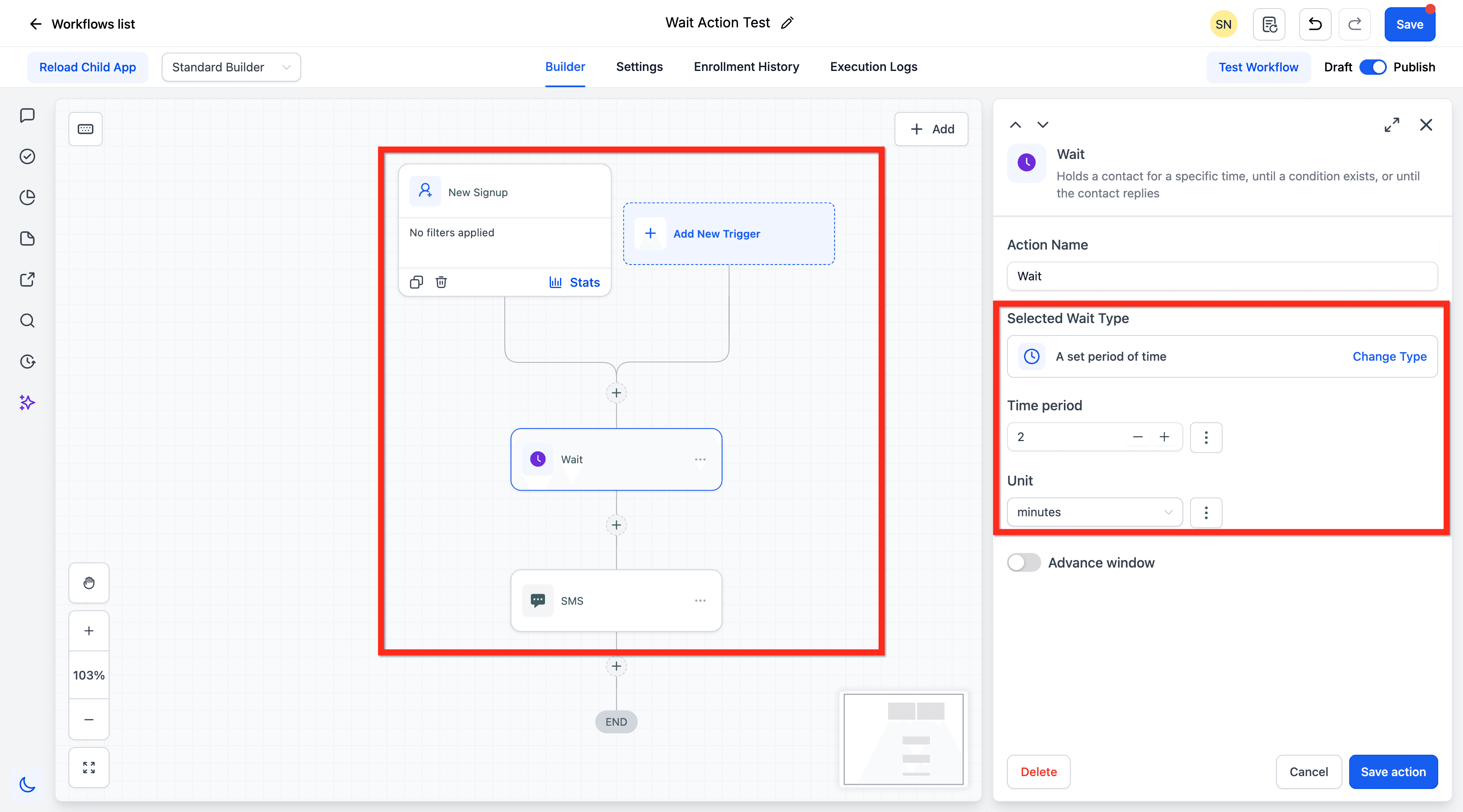 Schermata 12 — Azione Workflow - Wait