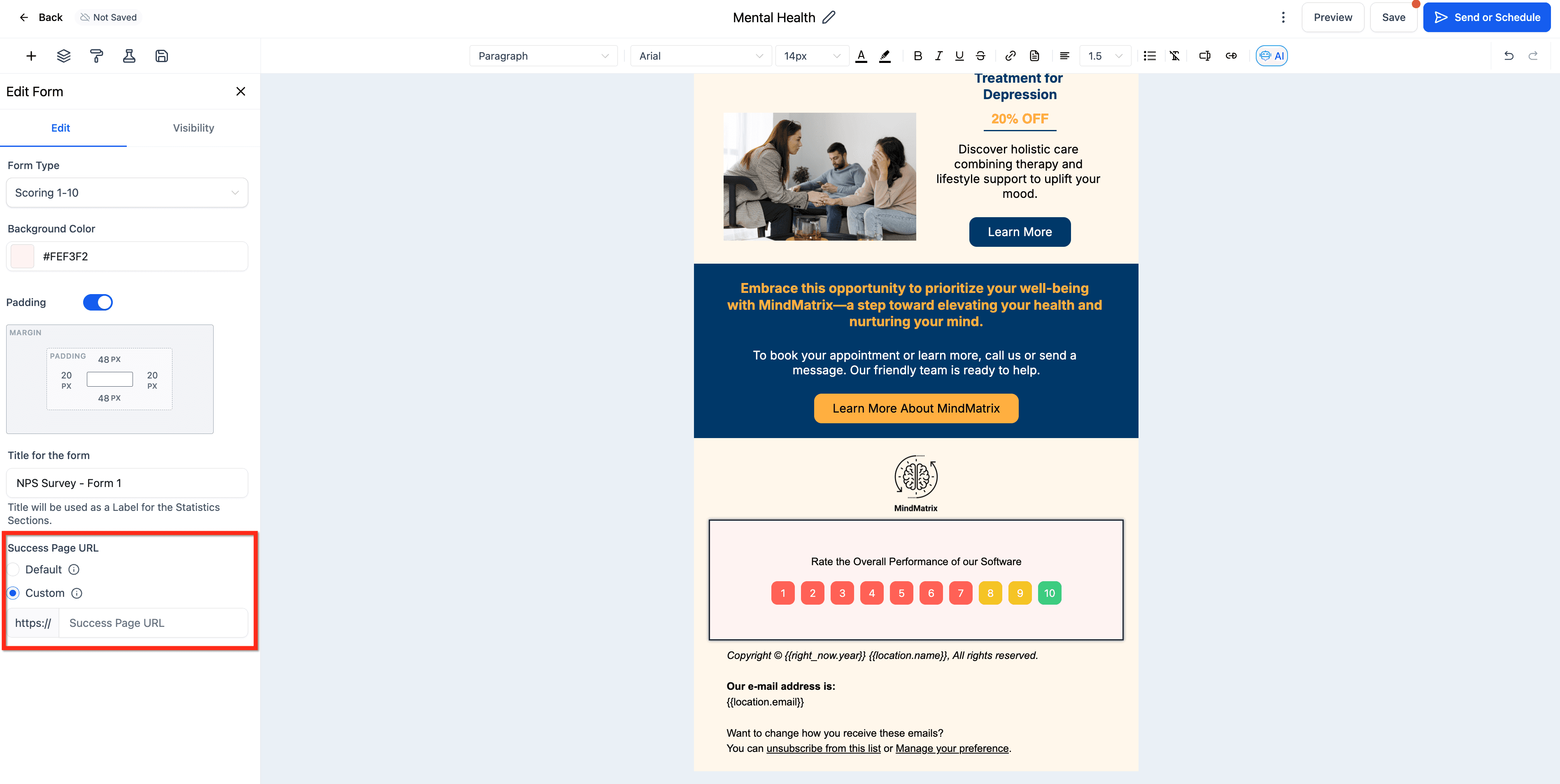 Schermata 5 — Usare l'elemento Inline Form/Survey nelle campagne email