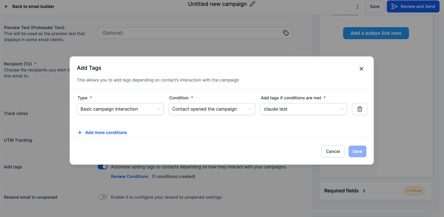 Schermata 4 — Usare "Add Tags" nella pagina Send or Schedule: Campaign Email