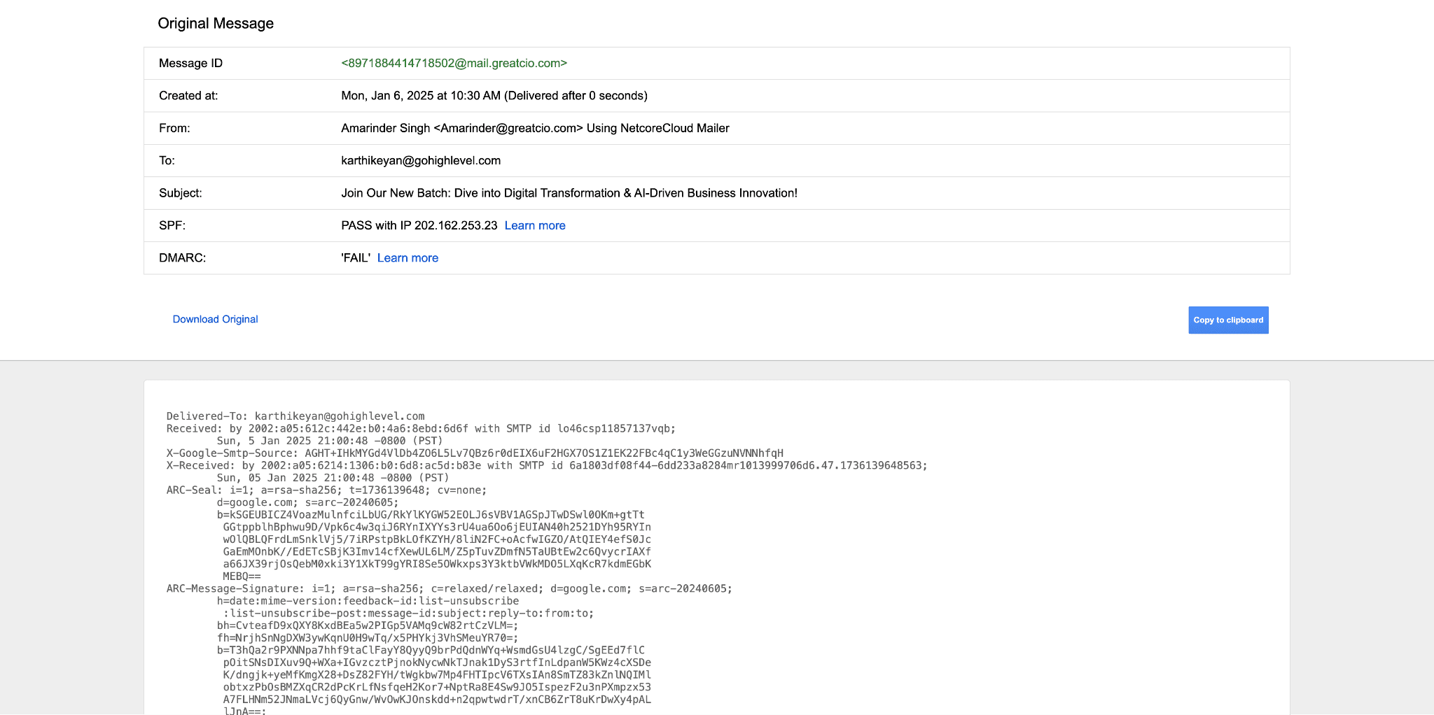 Esempio di DMARC FAIL nell'header email di Gmail