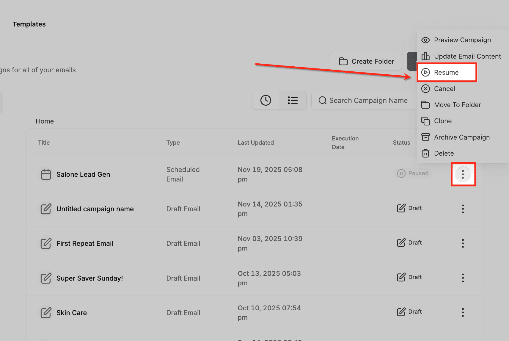 Schermata 5 — Come mettere in pausa o annullare una Campaign email pianificata