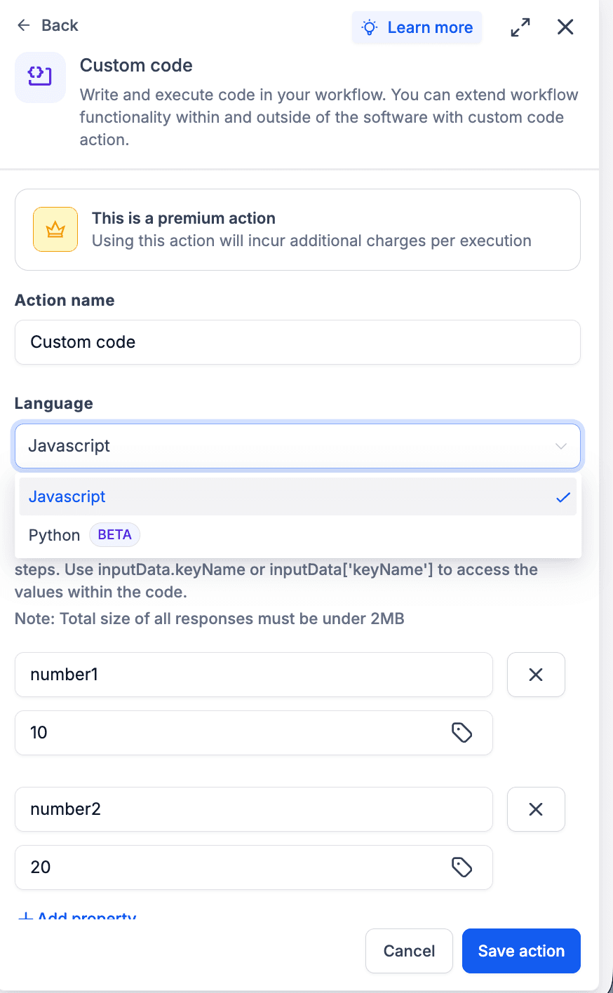 Schermata 1 — Workflow Action - Custom Code