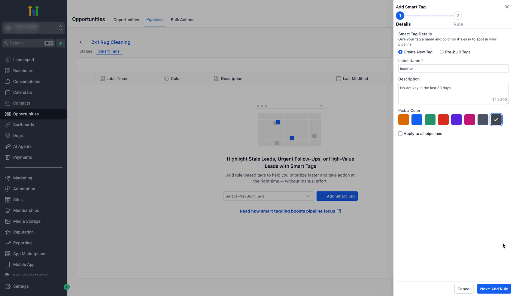 Schermata 7 — Come applicare colori alle Pipeline di Opportunità (Smart Tag)