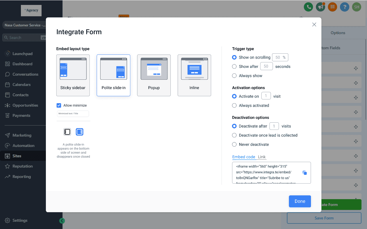 Schermata 2 — Come usare le opzioni di incorporamento per i Form: Trigger, Layout e impostazioni di disattivazione