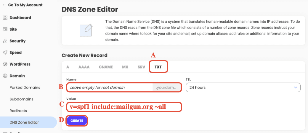 Sezione Create New Record nel DNS Zone Editor di SiteGround