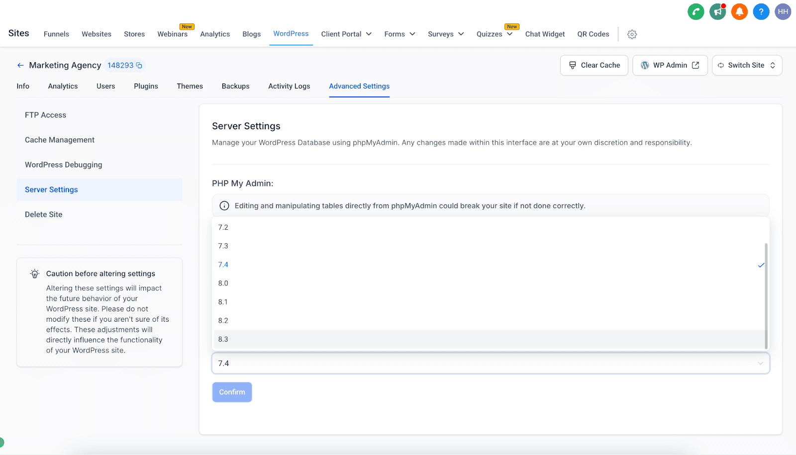 Schermata 2 — Aggiornamento versione PHP di WordPress