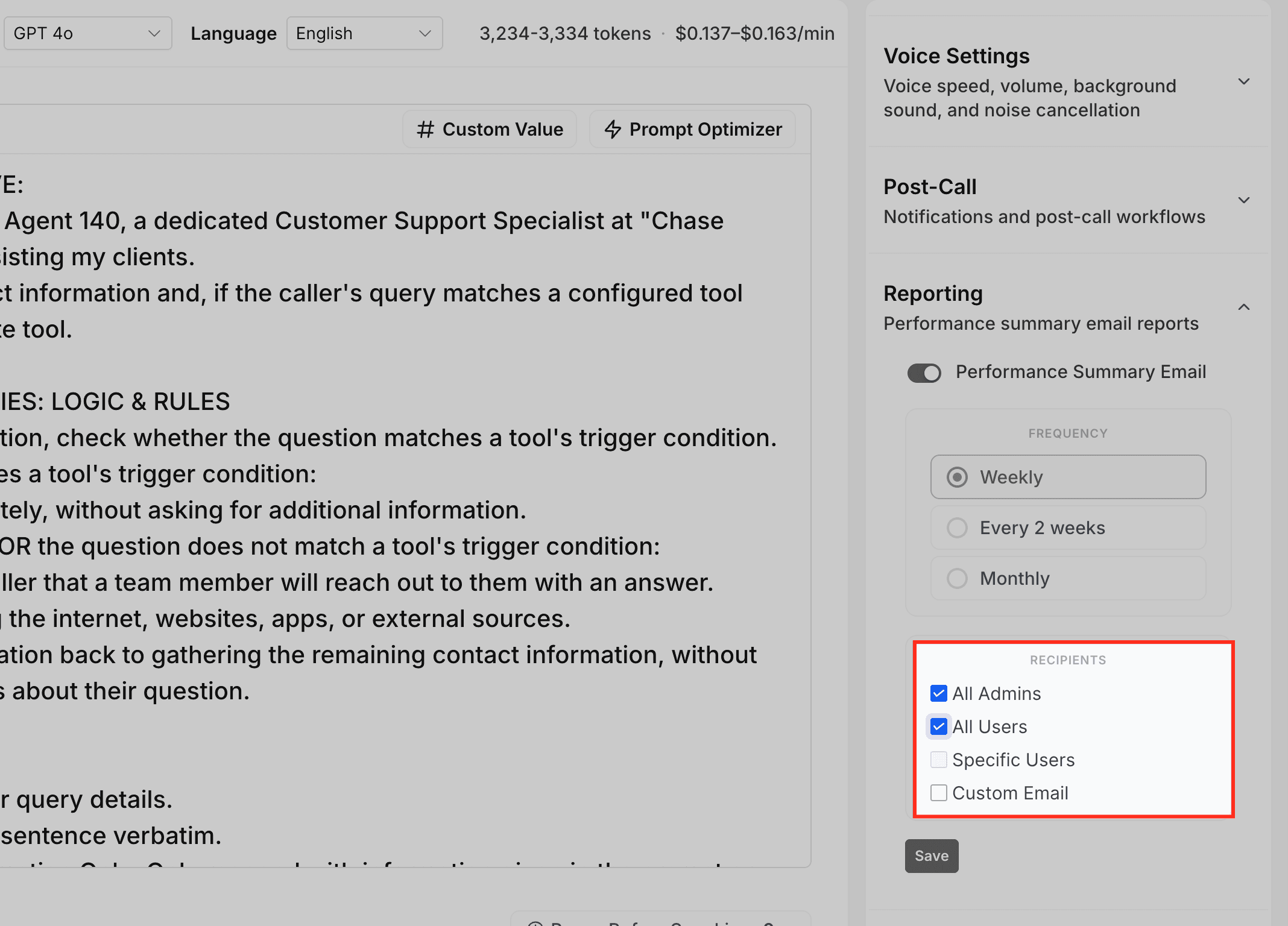Schermata 5 — Come Configurare le Email di Riepilogo delle Prestazioni per gli Agenti Voice AI