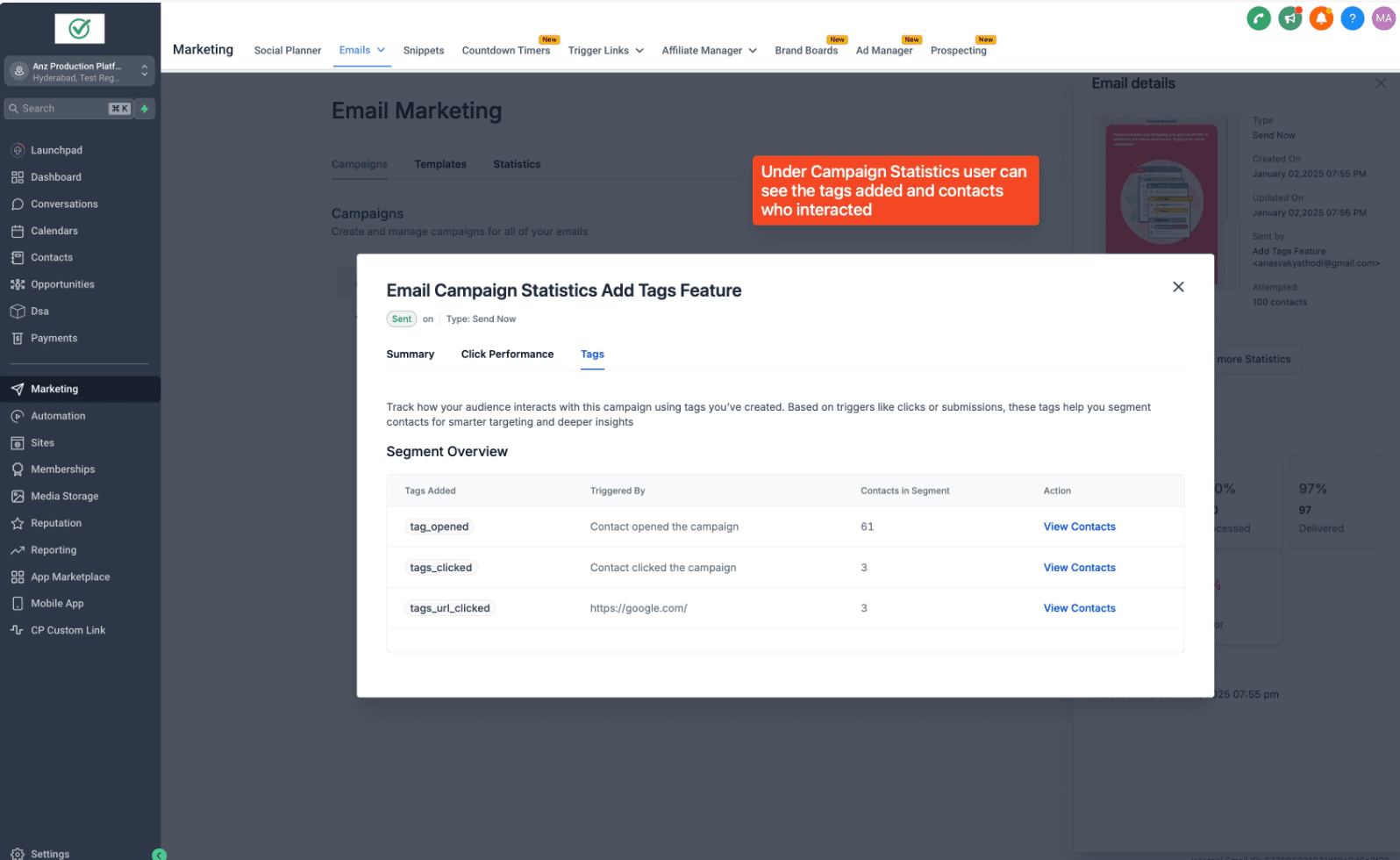 Schermata 5 — Usare "Add Tags" nella pagina Send or Schedule: Campaign Email