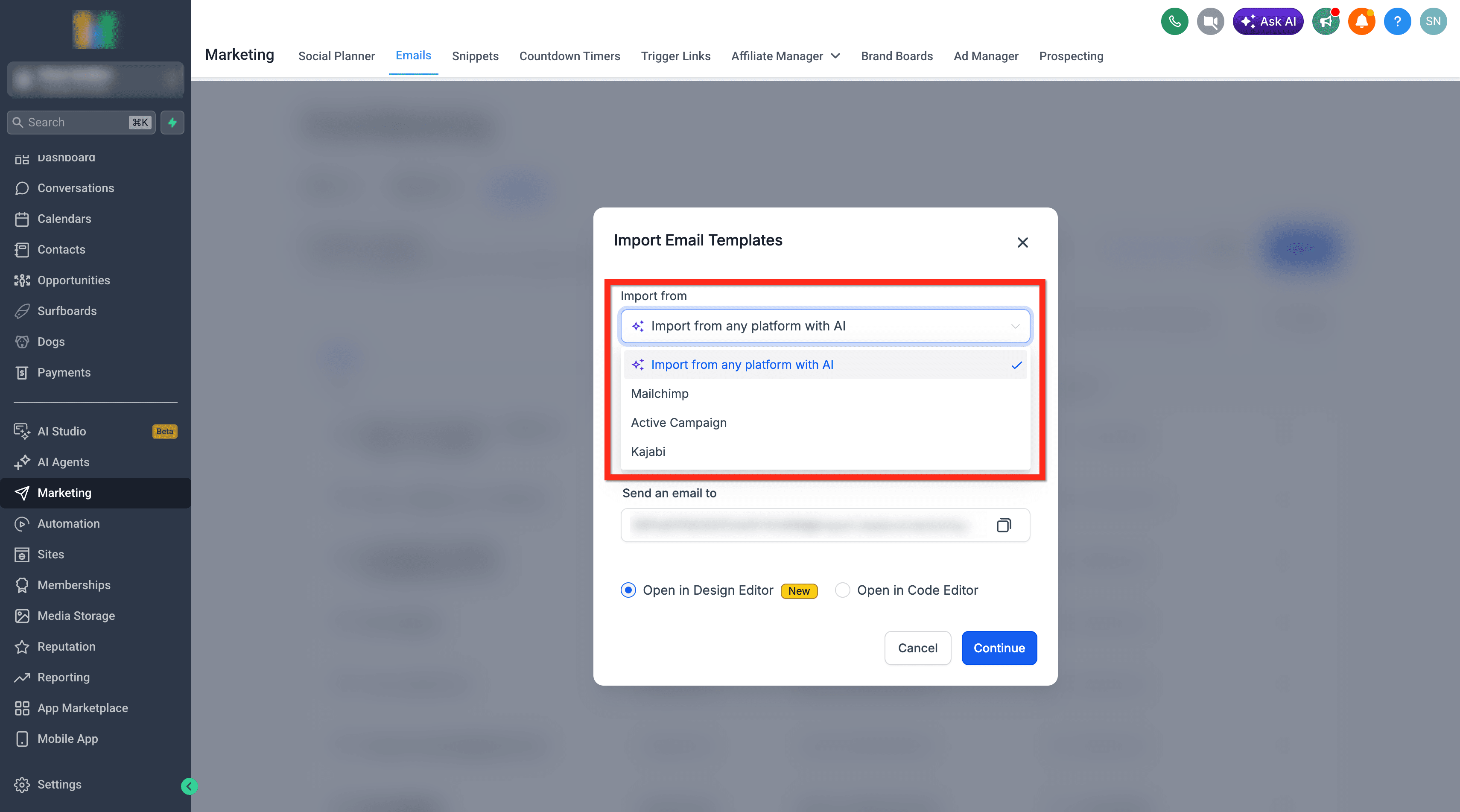 Schermata 1 — Come importare email da qualsiasi piattaforma con Email AI