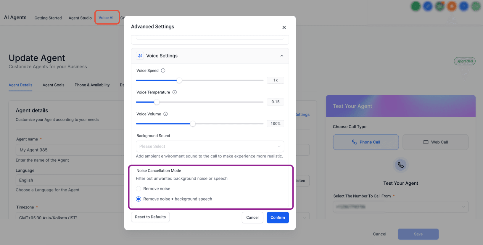 Schermata 5 — Voice AI: Riduzione del Rumore e Backchanneling