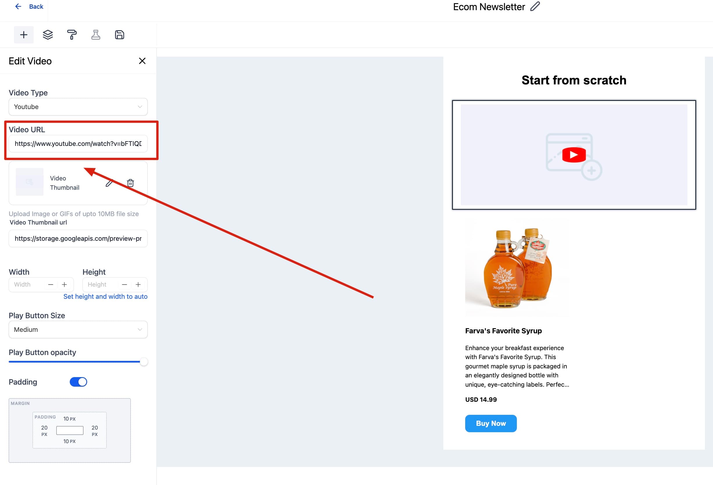 Schermata 3 — Elemento Video nell'Email Builder